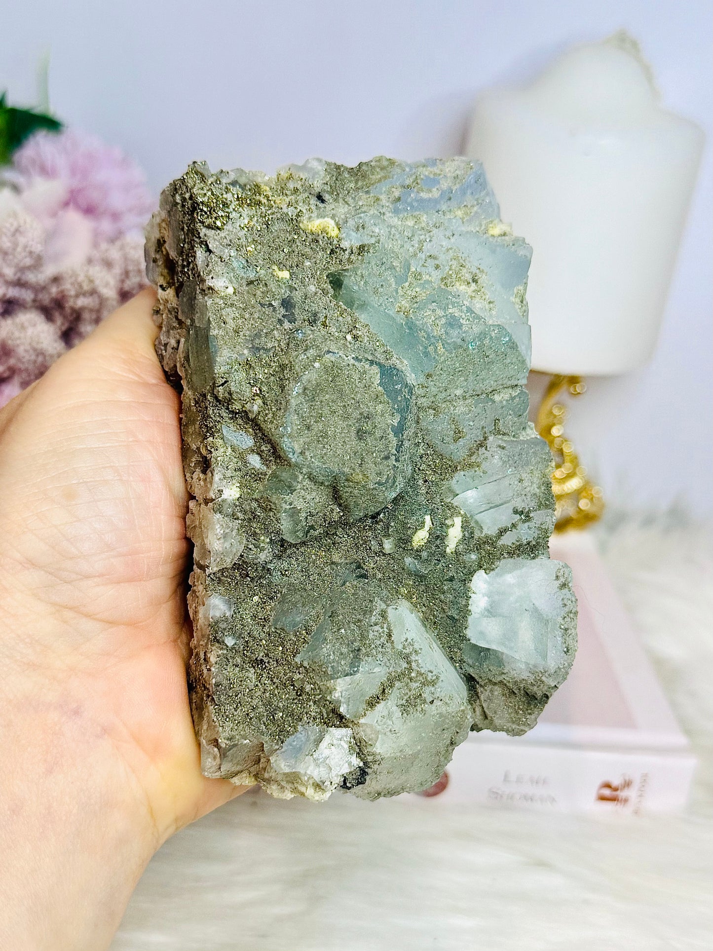 Rare Large Natural Blue Fluorite Specimen with Pyrite Inclusions 12cm 696g