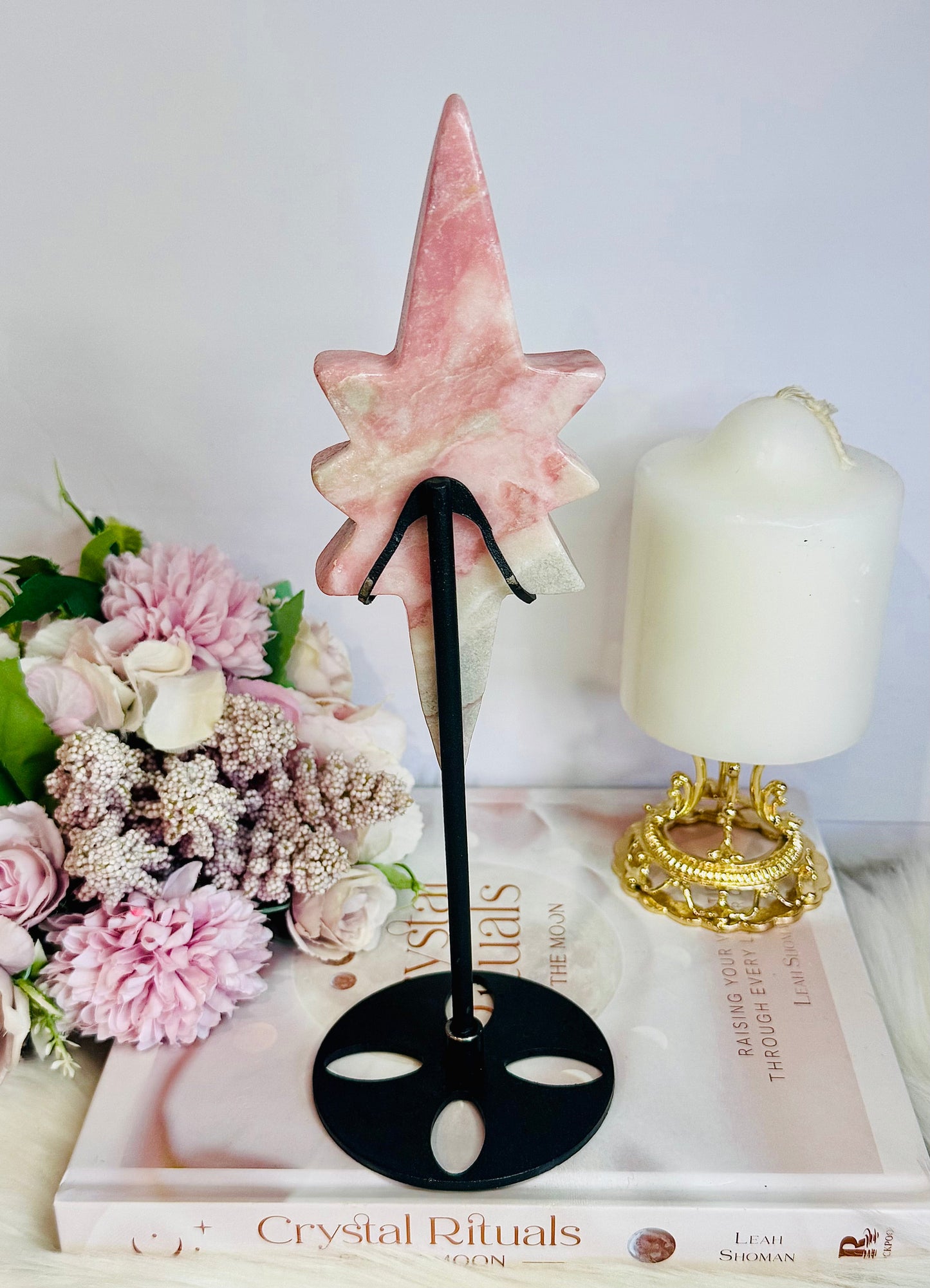 Natural Pink Opal Carved Polaris Star On Stand 24.5cm