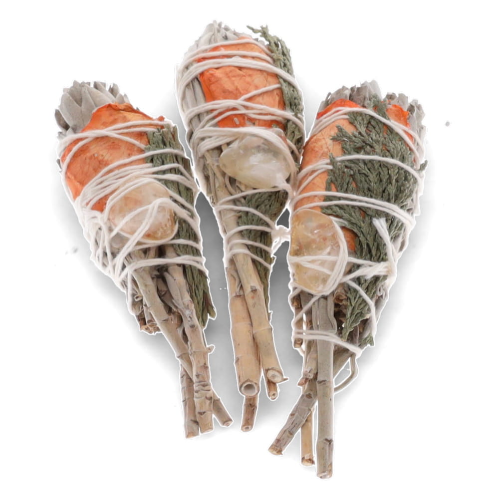 White Sage Torch with Mitron Leaves, Rose Petals & Citrine 8cm Smudge Stick