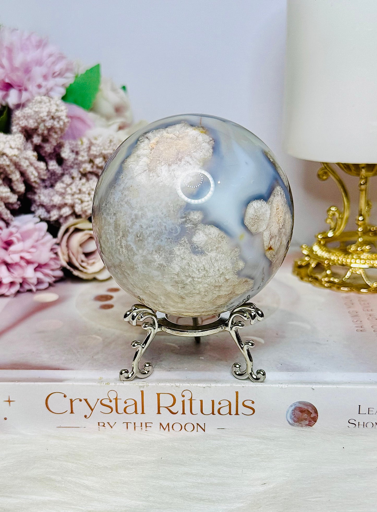 Blue Flower Agate Large Sphere 489g On Stand