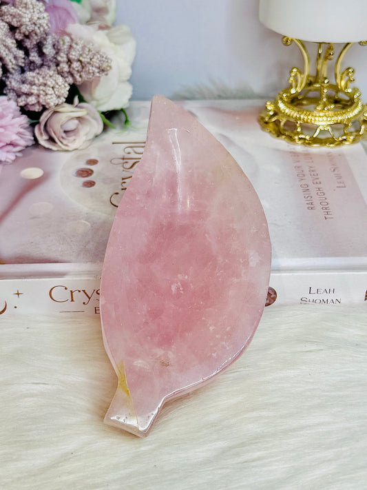 Large Chunky Rose Quartz Carved Leaf Bowl 15cm 410g