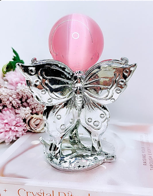 Absolutely Gorgeous Large Silver Butterfly Stand with Pink Cats Eye Sphere 17cm