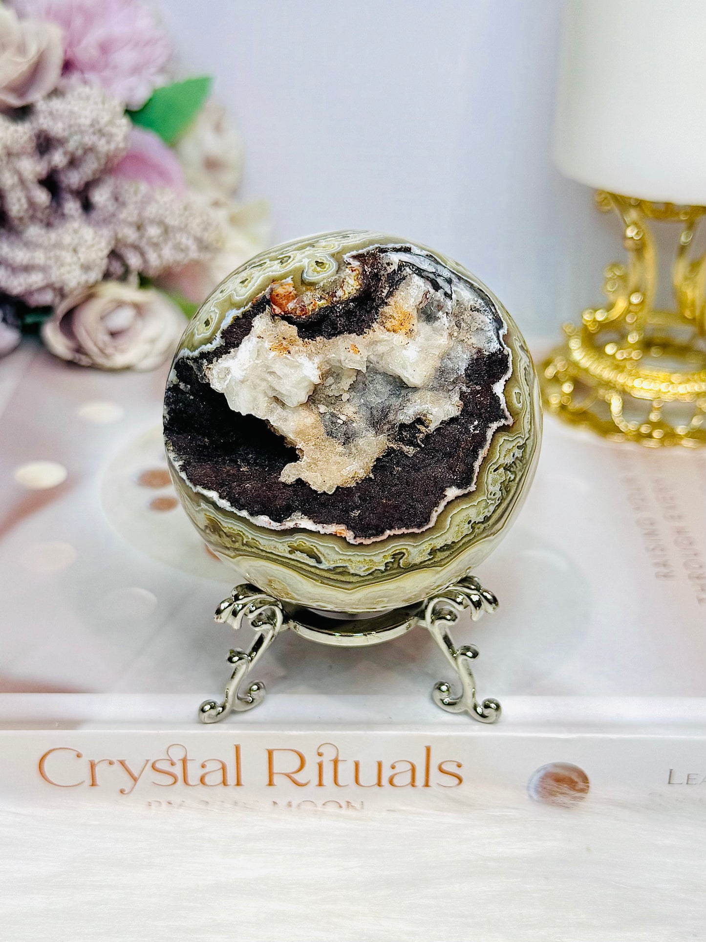 Mexican Lace Agate Druzy Sphere on Stand 331g