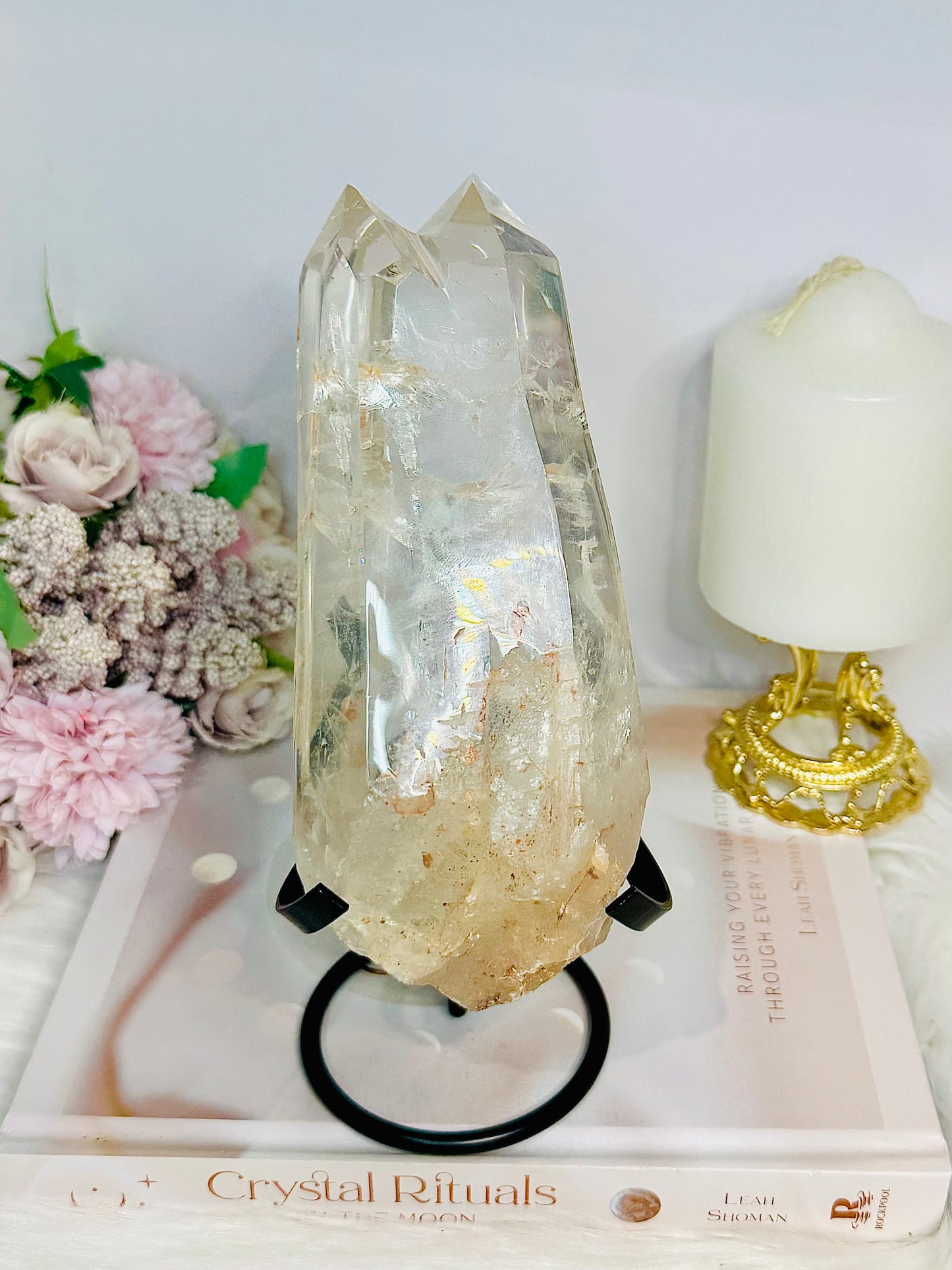 High Grade Clear Quartz Twin | Double Tower with Rainbows on Stand 18.5cm 961g