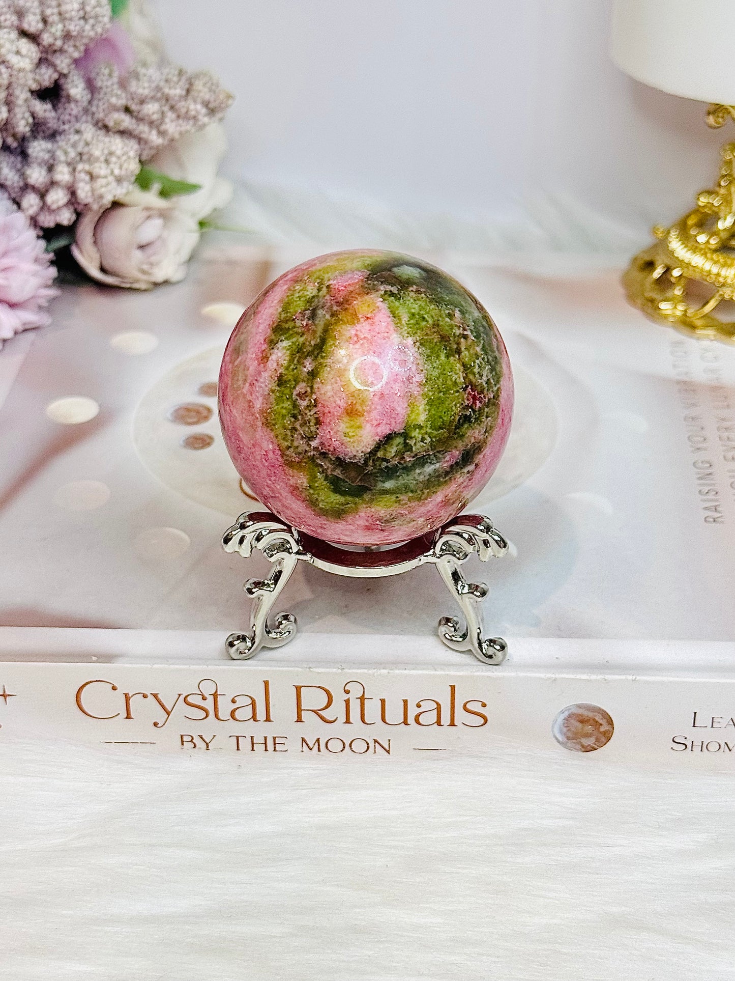 Thulite Sphere with Epidote 209g On Stand