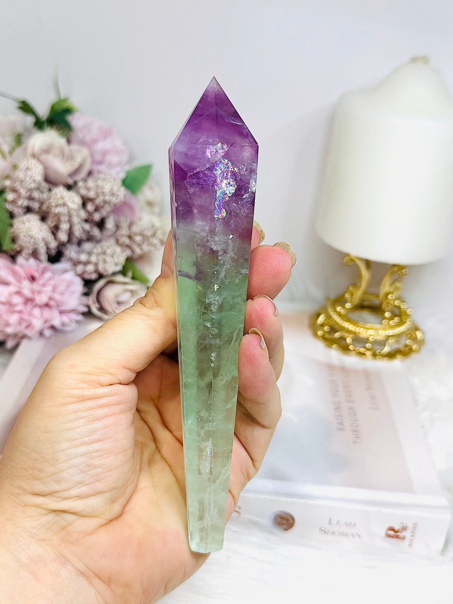 Watermelon Fluorite Wand | Tower with Rainbows 15cm