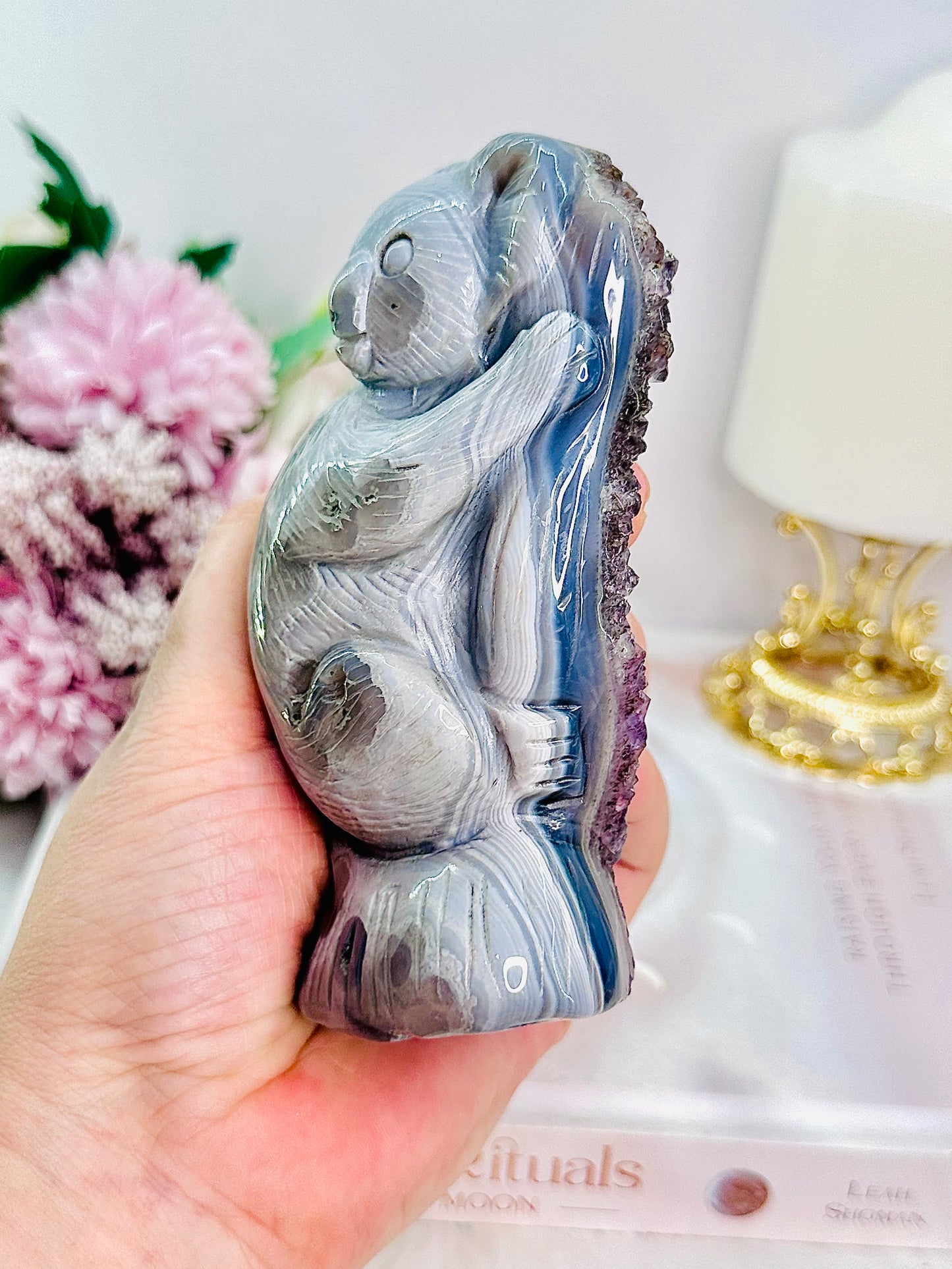 Stunning Perfectly Carved Druzy Agate Amethyst Koala 12cm 397grams With Full Amethyst Cluster At Back