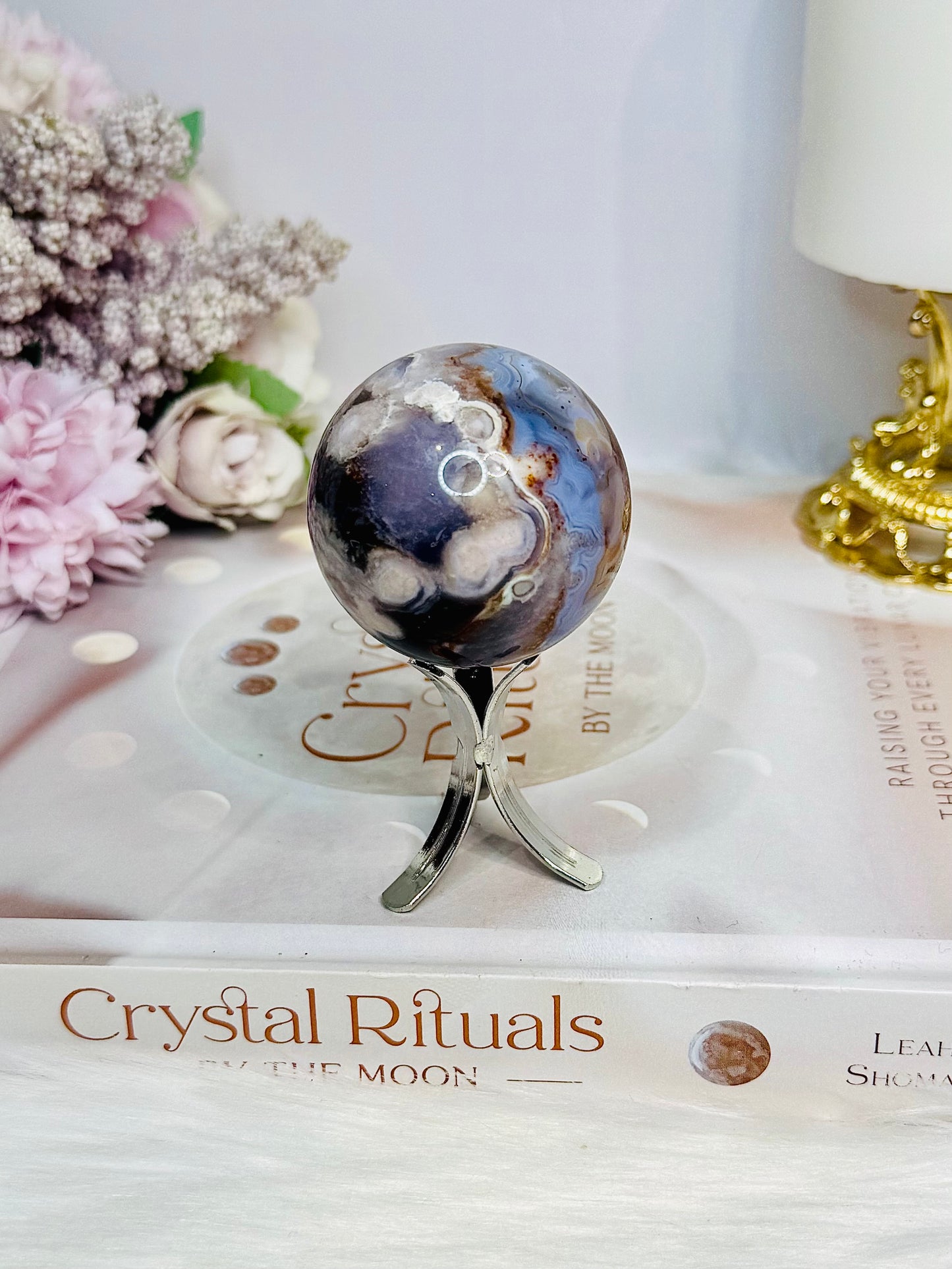 High Grade Blue Flower Agate Sphere on Stand 120g