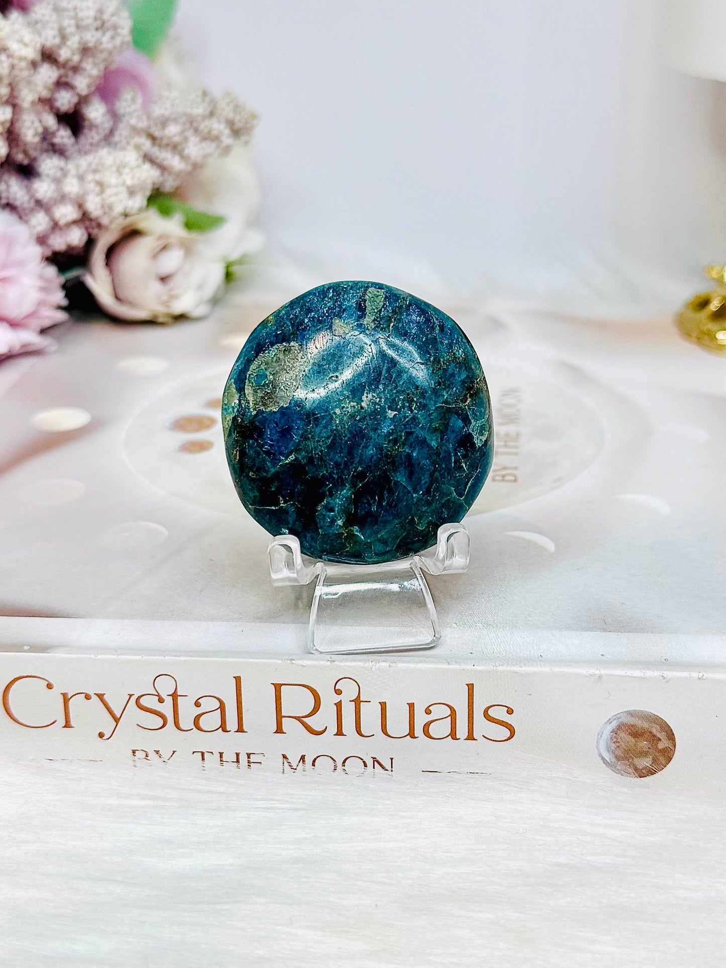 Blue Apatite Palm Stone (stand is display only)