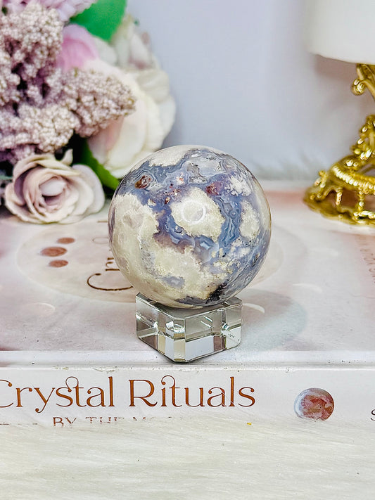 Rare Blue Flower Agate Sphere on Stand 152g