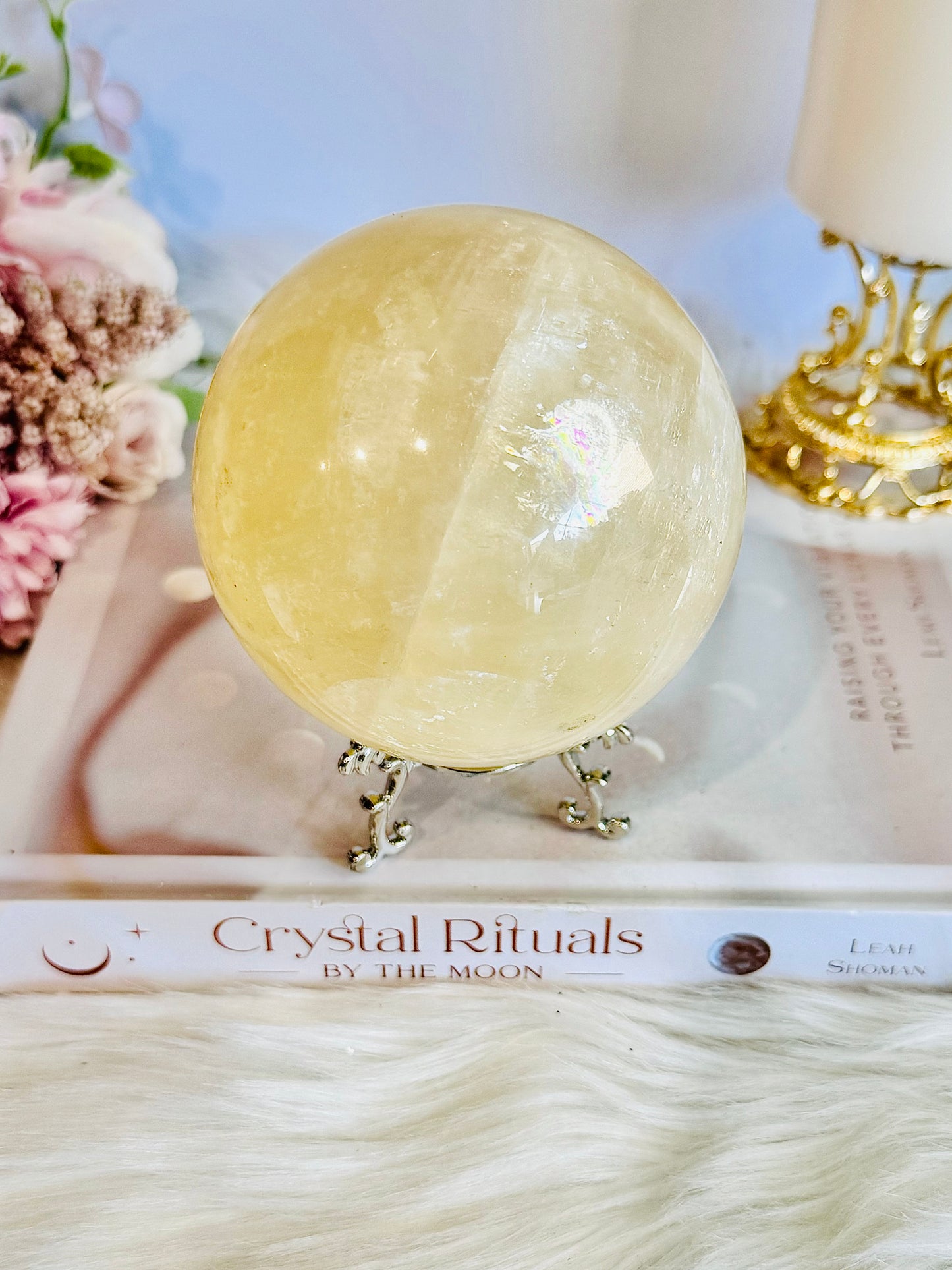 Gorgeous Large 961gram Natural Honey Calcite Sphere with Rainbows On Stand