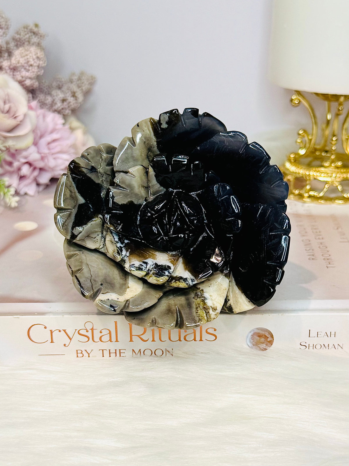 Large Volcano Agate (UV Reactive) Carved Flower 386g