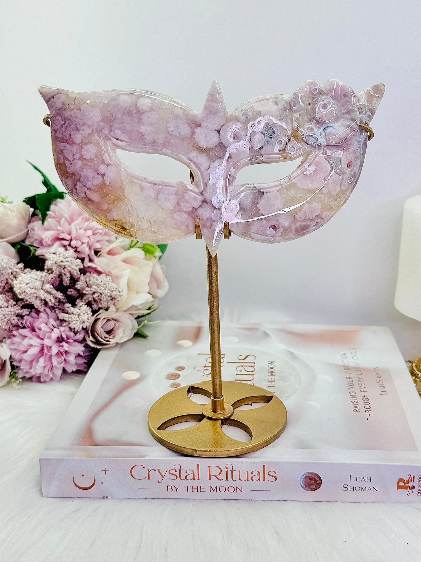 Classy & Fabulous ~ Exquisite Large 19cm (On Stand) Stunning Pink Flower Agate Perfectly Carved Mask On Gold Stand