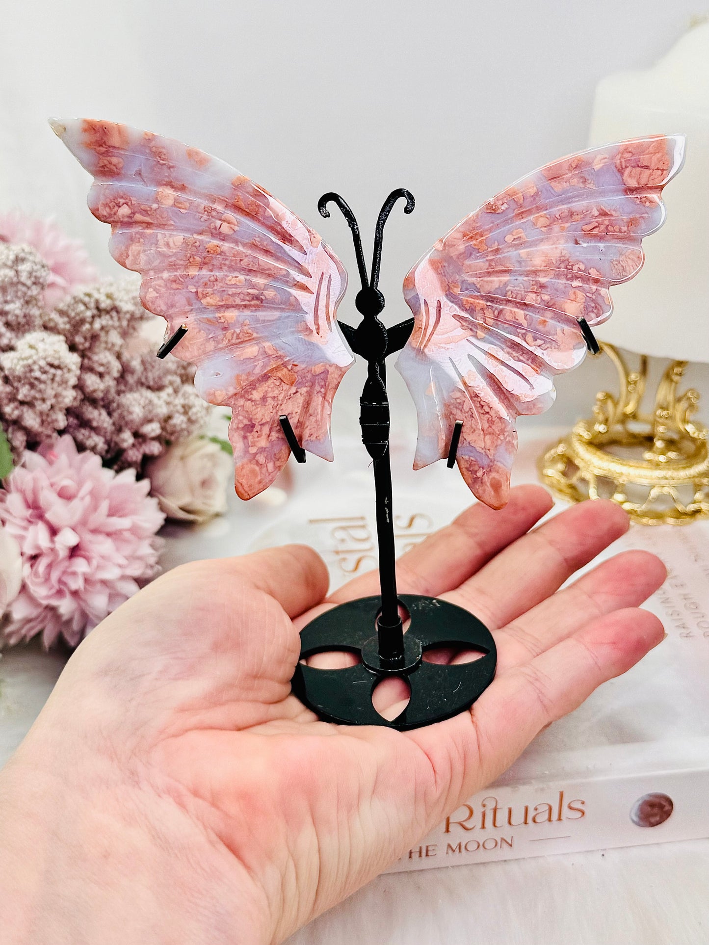 Beautiful 13cm Pink Agate Butterfly Wings On Black Stand