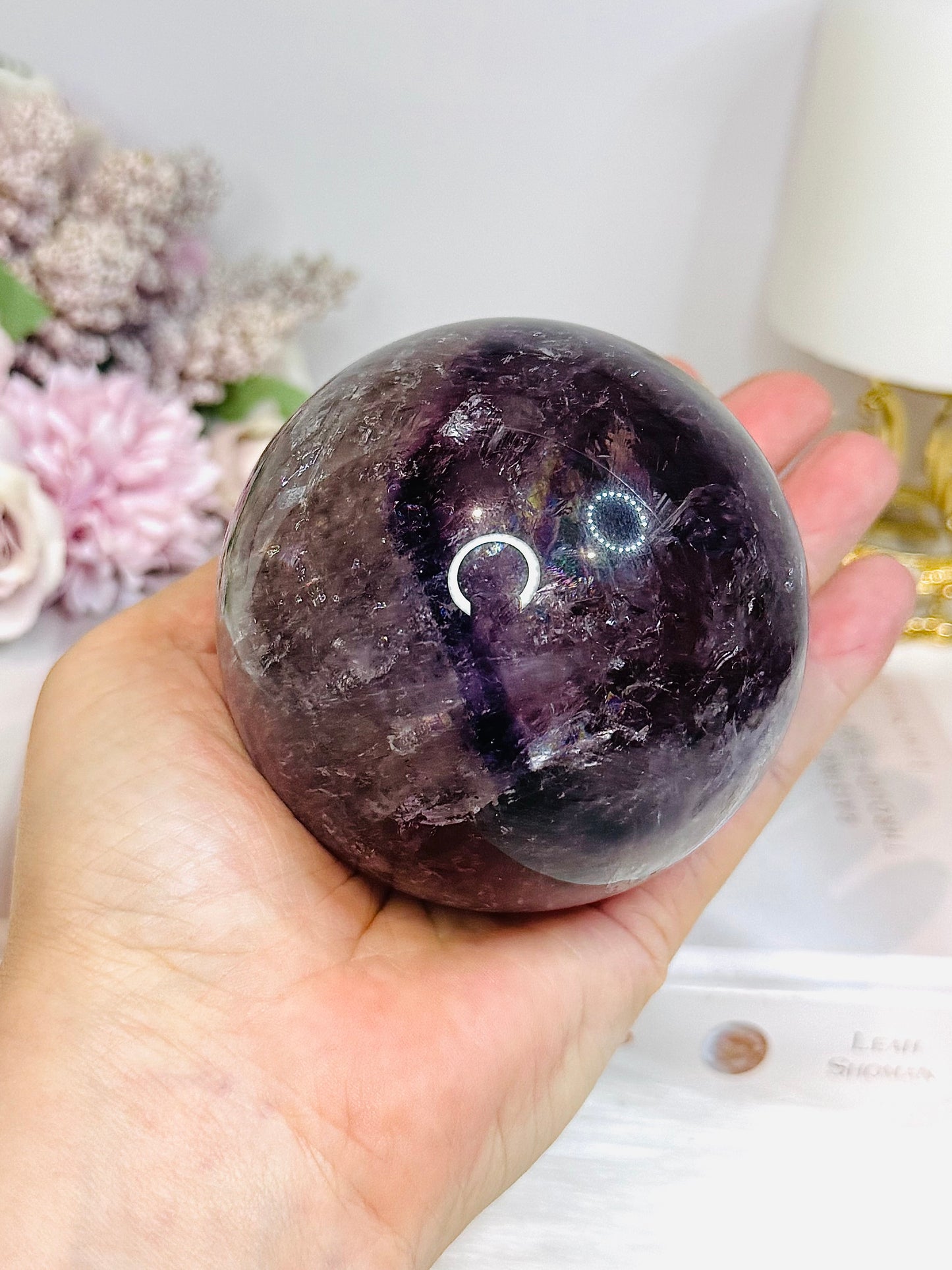Large High Grade Phantom Amethyst Sphere with Rainbows On Stand 665g