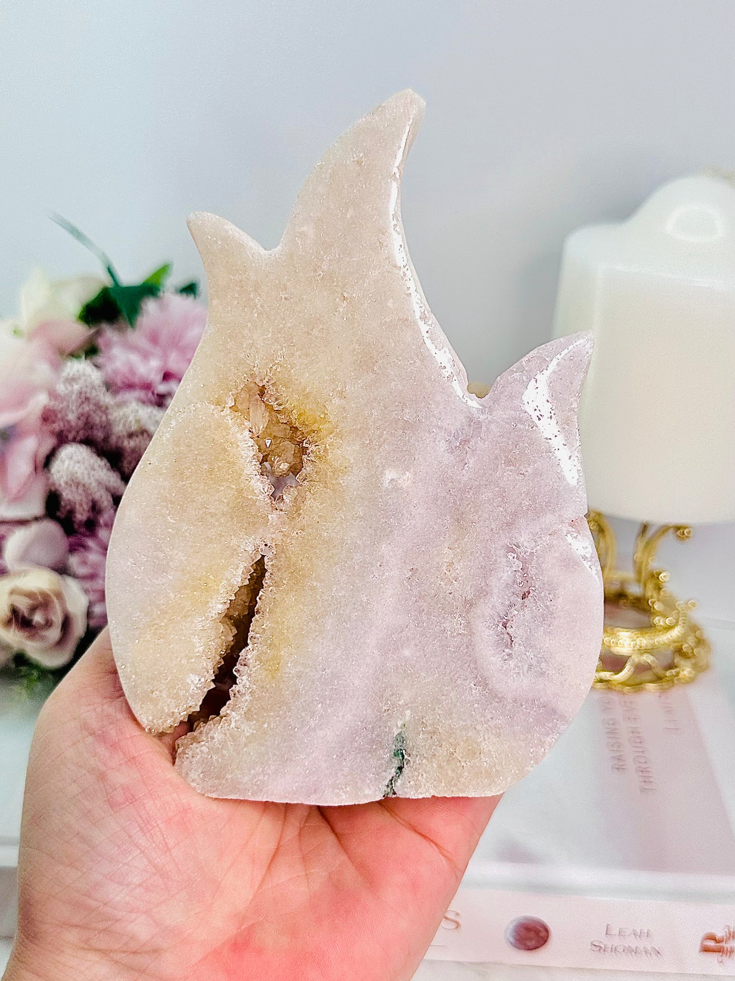 Wow!!! Stunning Unique Piece! Pink Amethyst Druzy Carved Flame Absolutely Gorgeous From Brazil 491grams