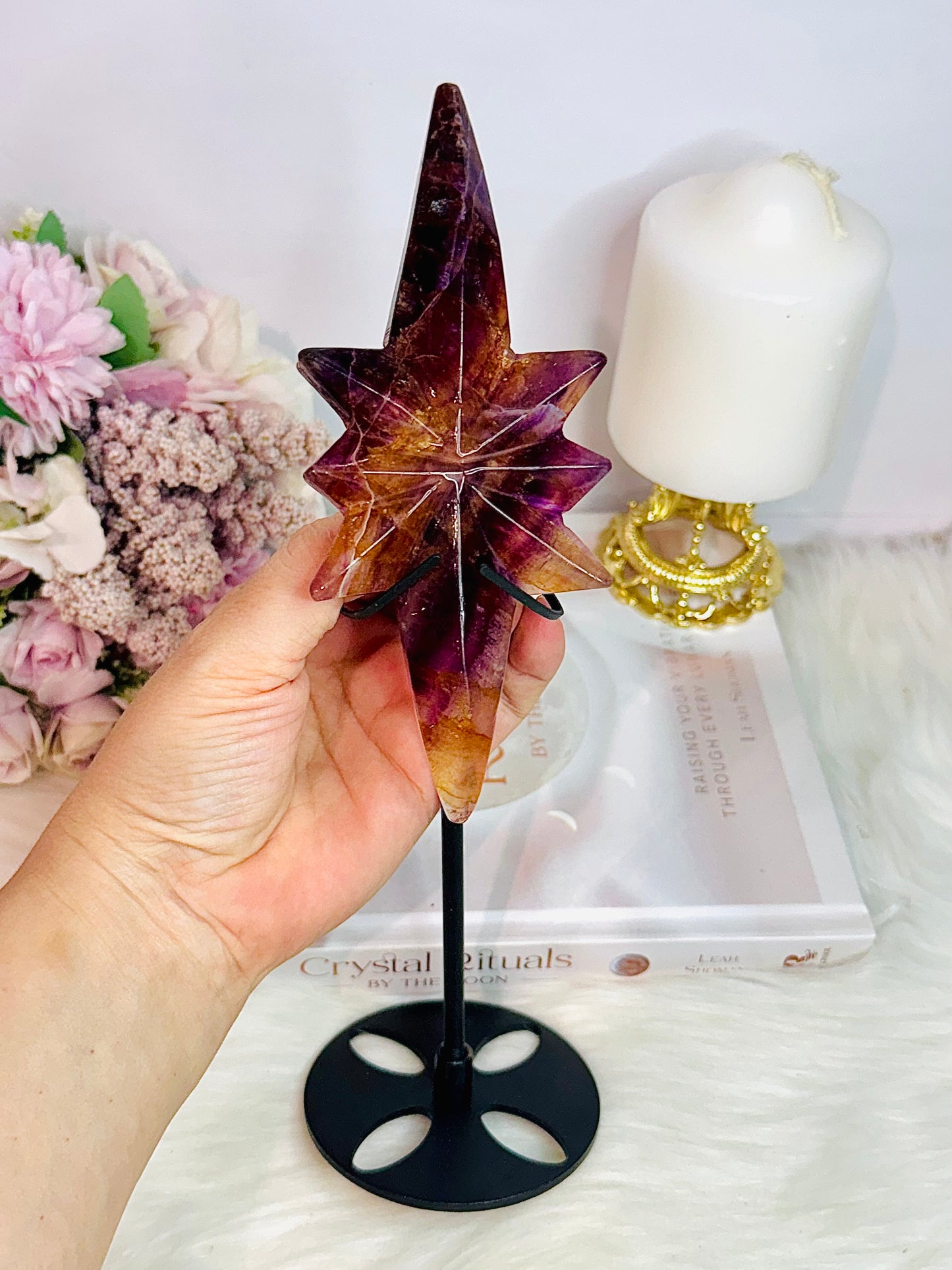 Incredible Large Natural Fluorite Carved Polaris Star On Stand 25.5cm