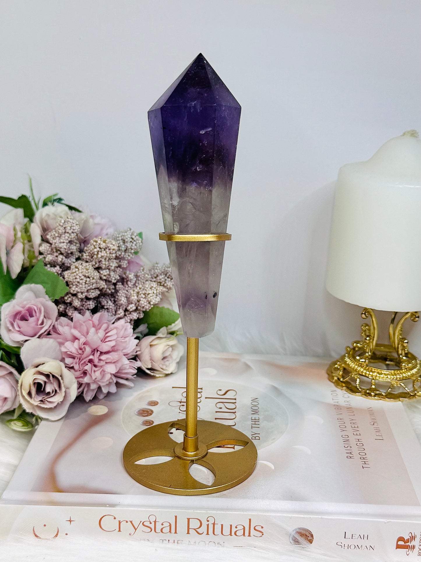 High Grade Phantom Amethyst Point | Obelisk on Gold Stand 20cm