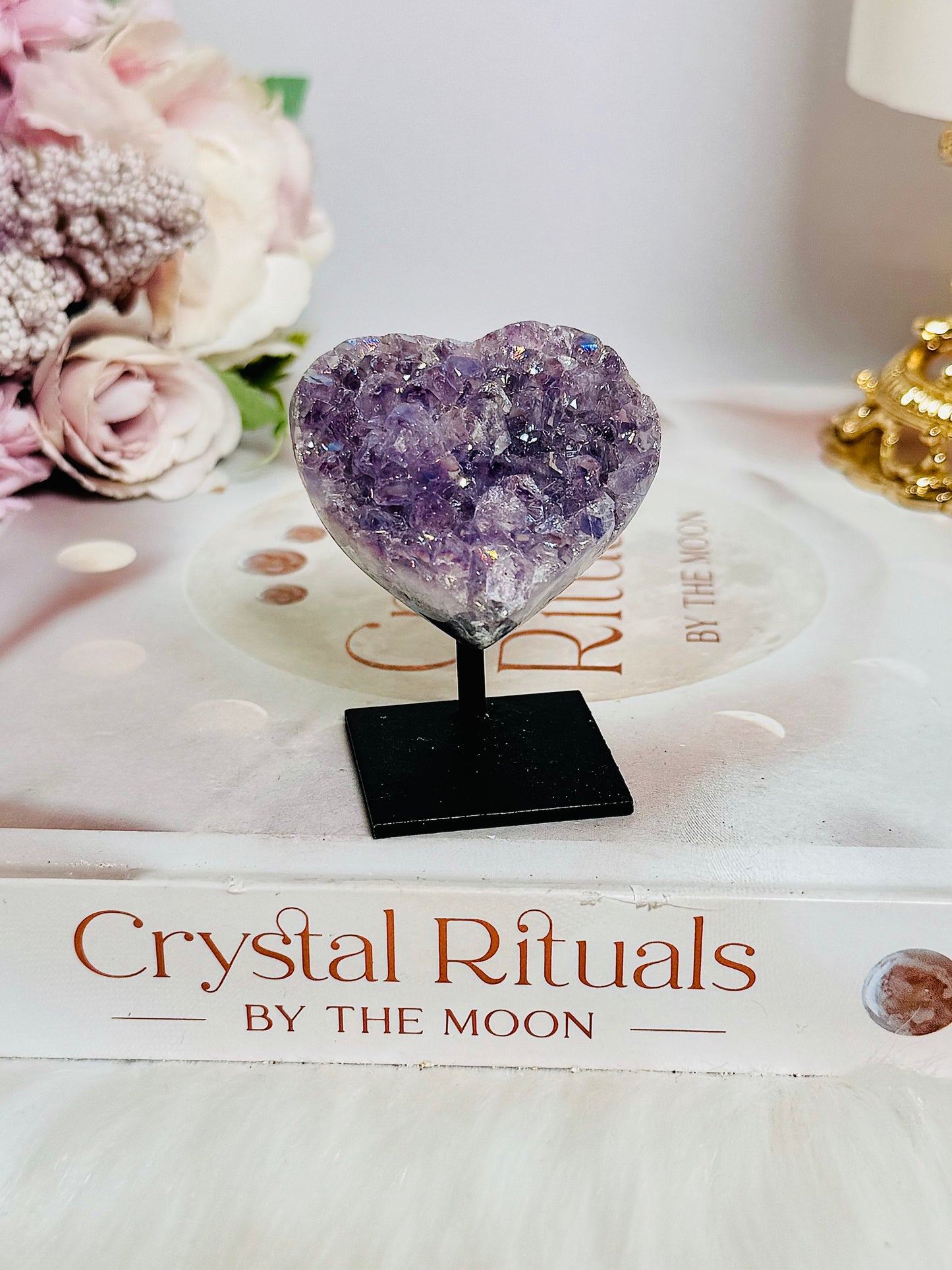 Beautiful 6cm Angel Aura Amethyst Cluster Heart on Stand From Brazil