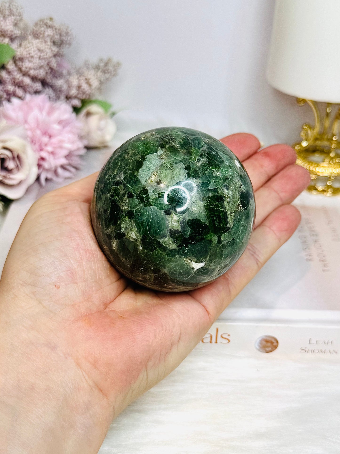 Large Green Diopside Sphere on Stand 503g
