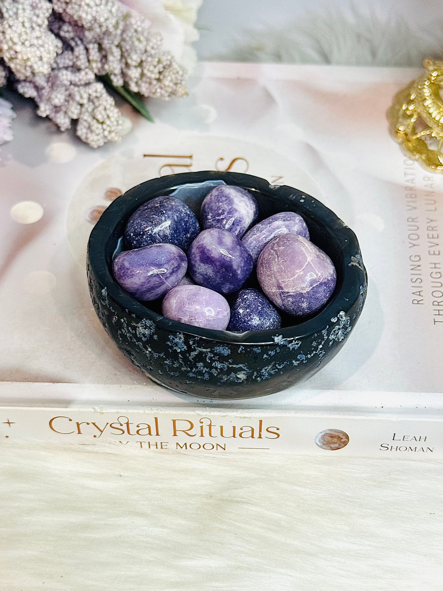 Natural Agate Carved Bowl Filled with Lepidolite Tumbles 426g