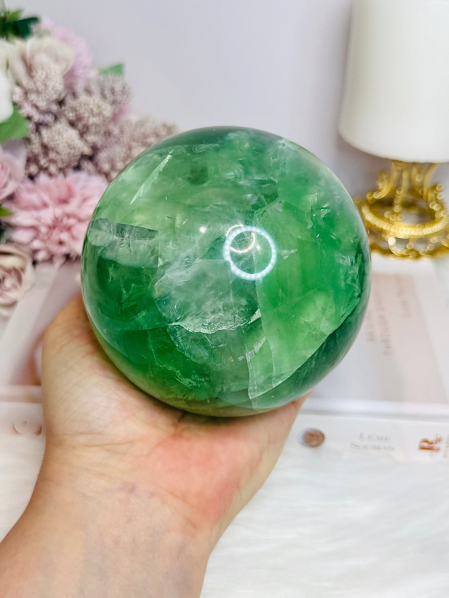 Huge Green Fluorite Sphere with Rainbows On Tall Glass Stand 1.4KG (stand can be changed)