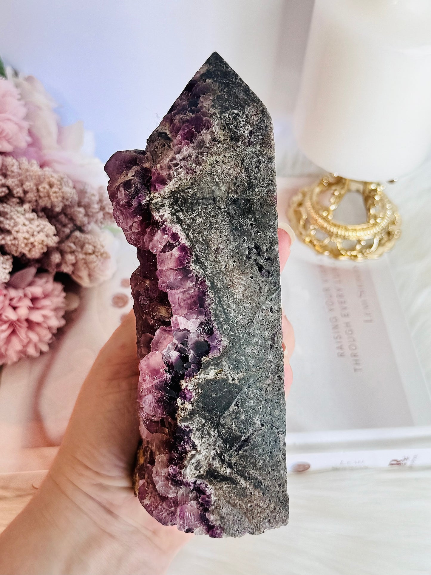 Absolutely Incredible Large Chunky 17cm Natural Druzy Purple Root Fluorite Tower