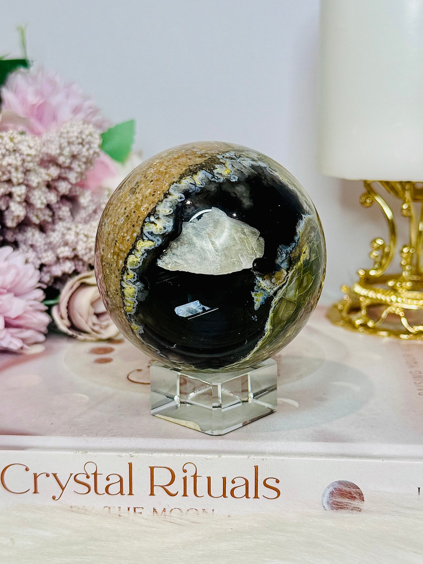 Large Volcano Agate (UV Reactive) Sphere On Stand 394g