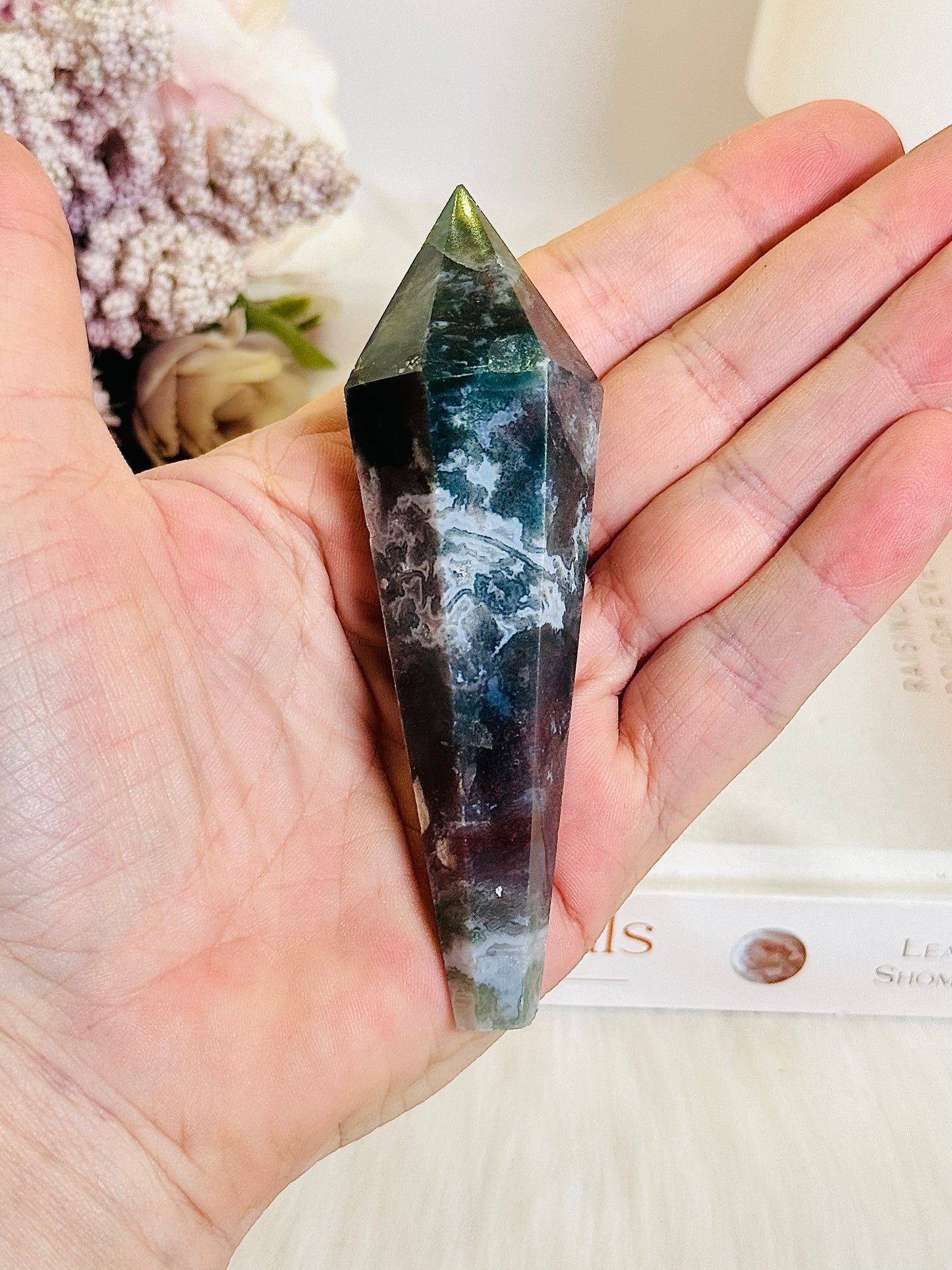 Tranquil 10cm Moss Agate Carved Wand | Tower