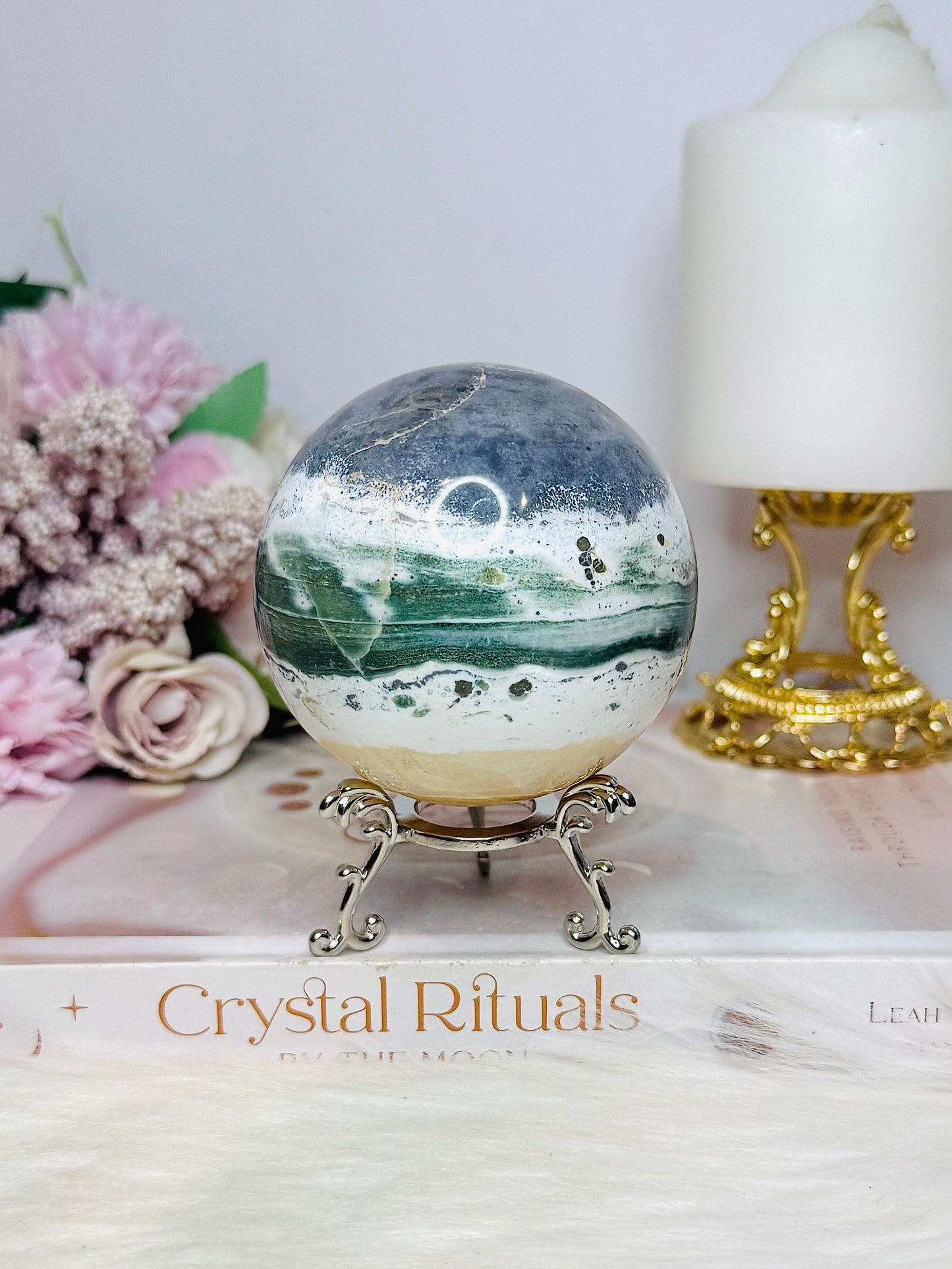 Large Ocean Jasper Sphere on Stand 489g