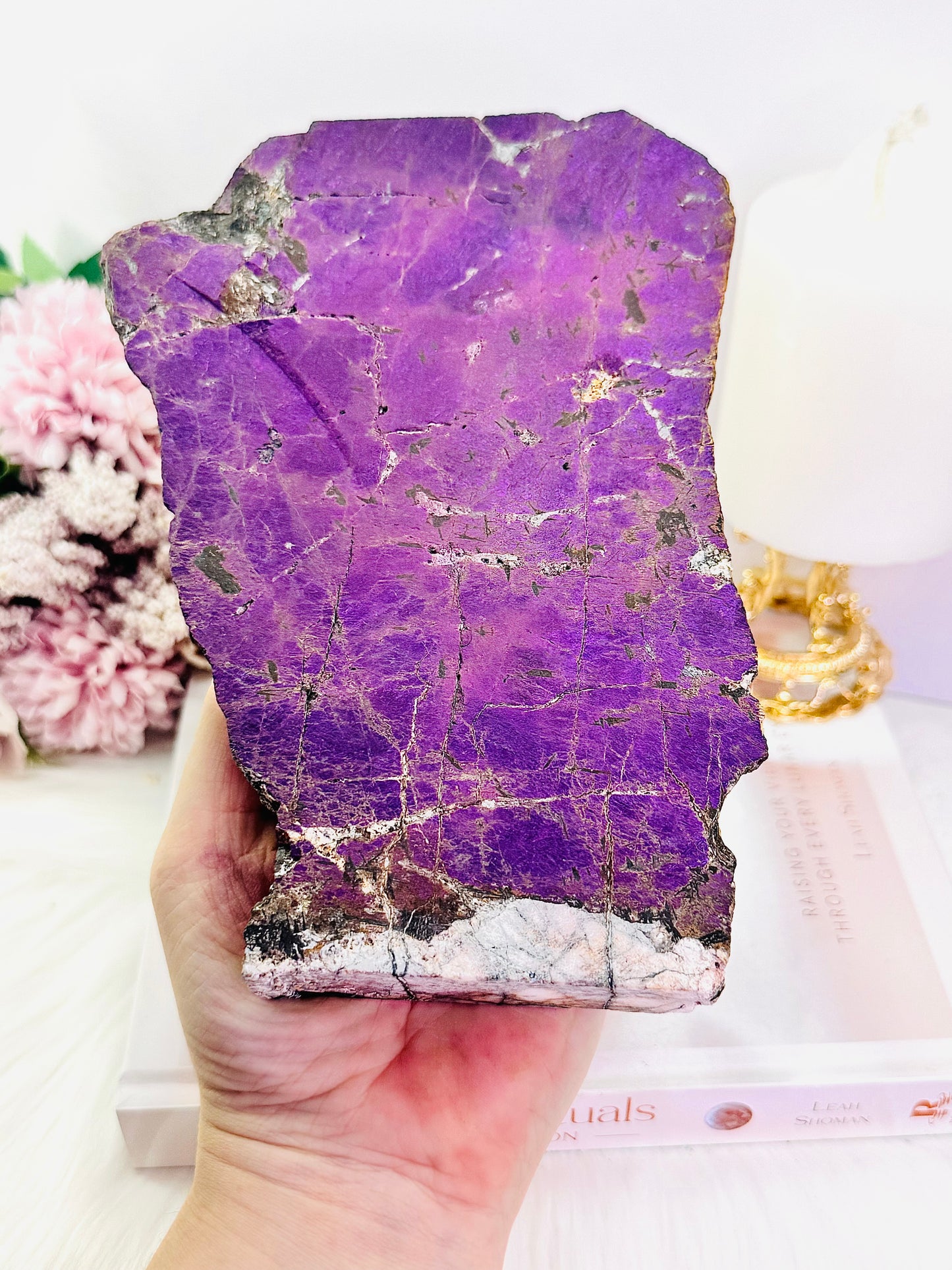 The Stone Of Freedom ~ Incredible Rare Natural Velvet Purpurite Huge Slab On Gold Stand, 22cm (Inc Stand) 683grams