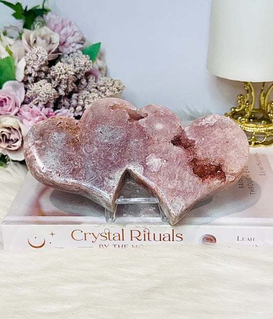 Large Pink Amethyst Druzy Double Hearts On Stand 15cm Long 471g