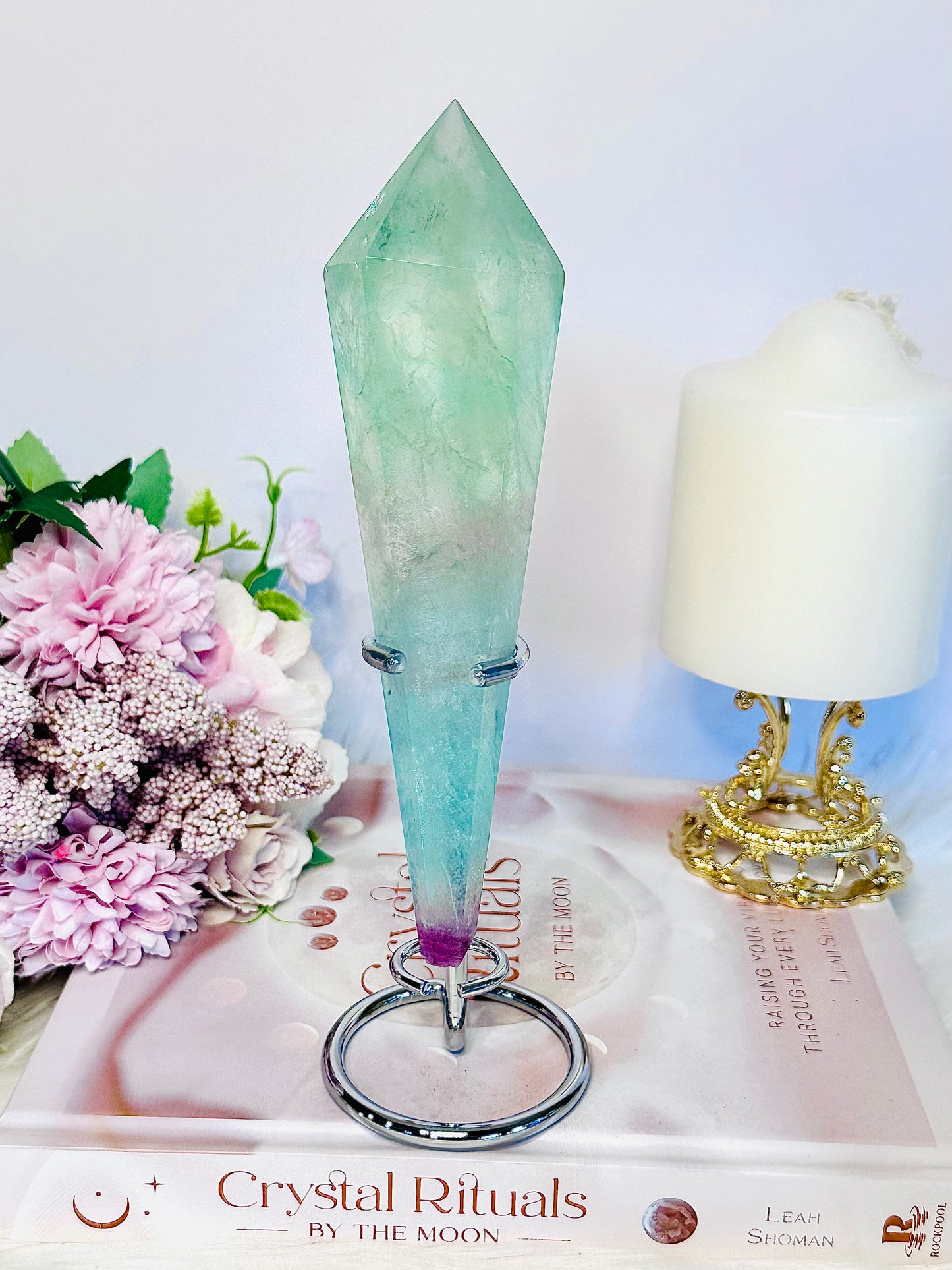 Absolutely Stunning Large 21.5cm Green Fluorite Obelisk | Tower | Wand on Silver Stand