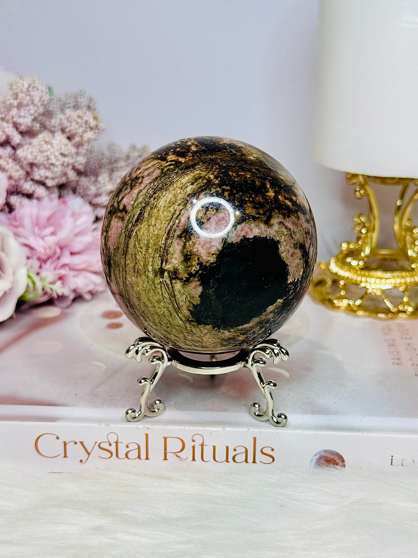Large Rhodonite Sphere 561g On Stand