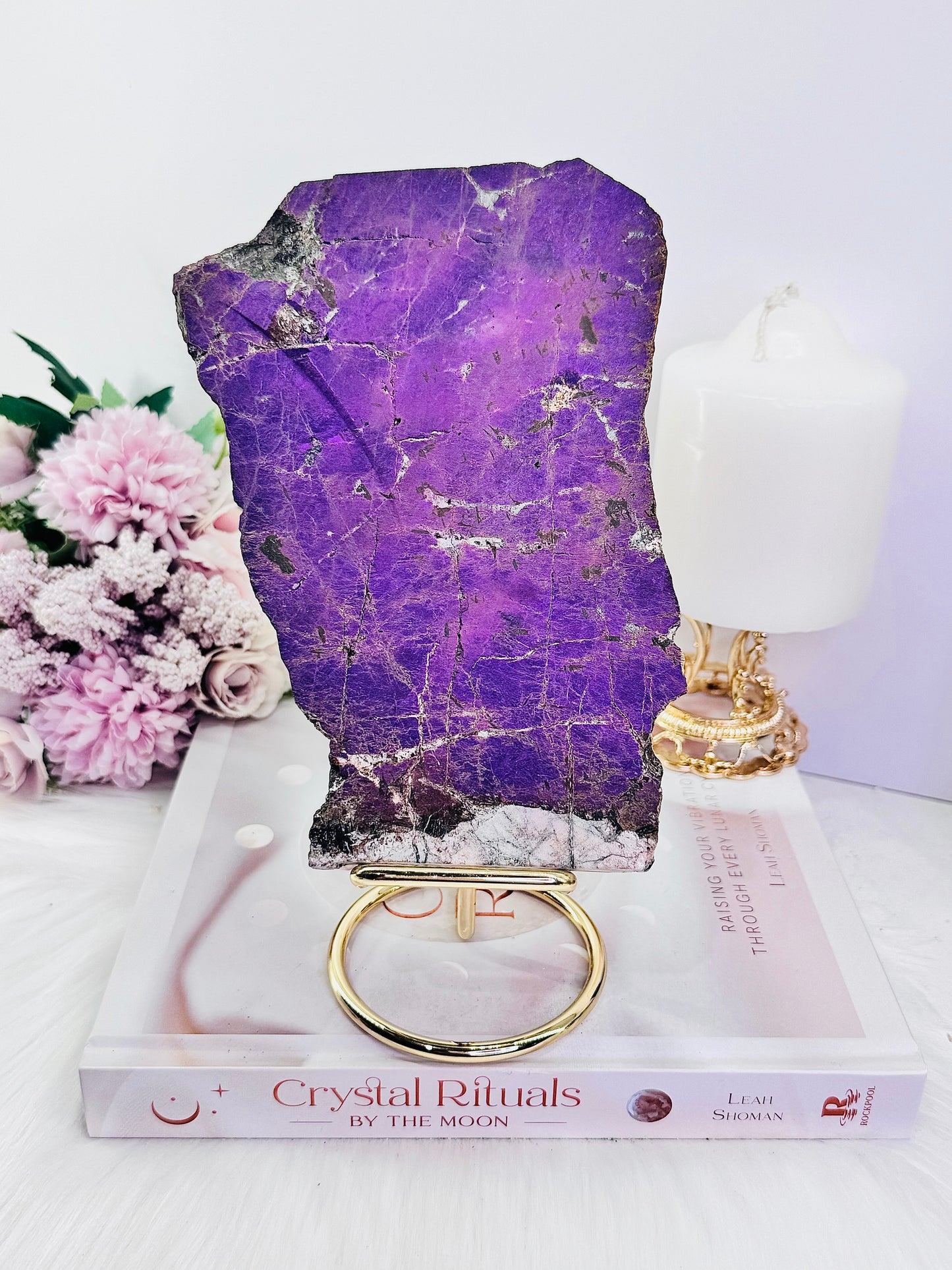 The Stone Of Freedom ~ Incredible Rare Natural Velvet Purpurite Huge Slab On Gold Stand, 22cm (Inc Stand) 683grams