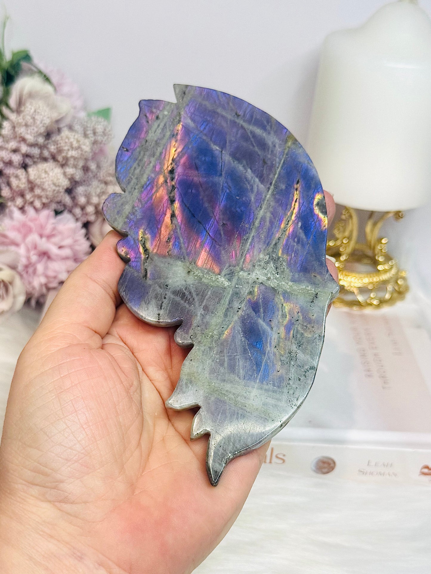 Large Labradorite Butterfly Wings With Purple Flash 21cm Tall