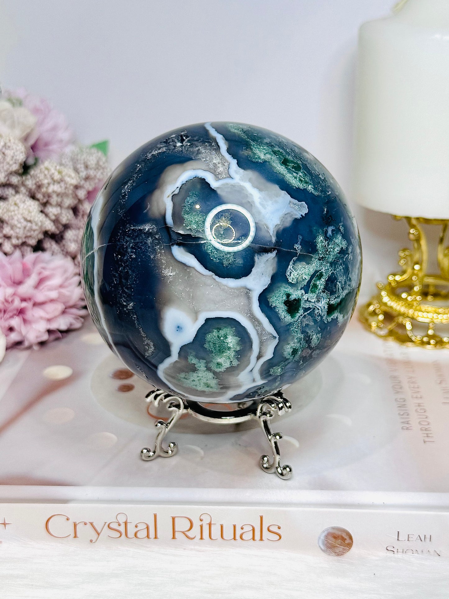 High Grade Druzy Moss Agate Sphere on Stand 1.09KG