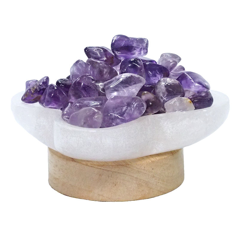 Selenite Fire Bowl With Amethyst Mini Tumbled Stone on Small LED Base 10cm