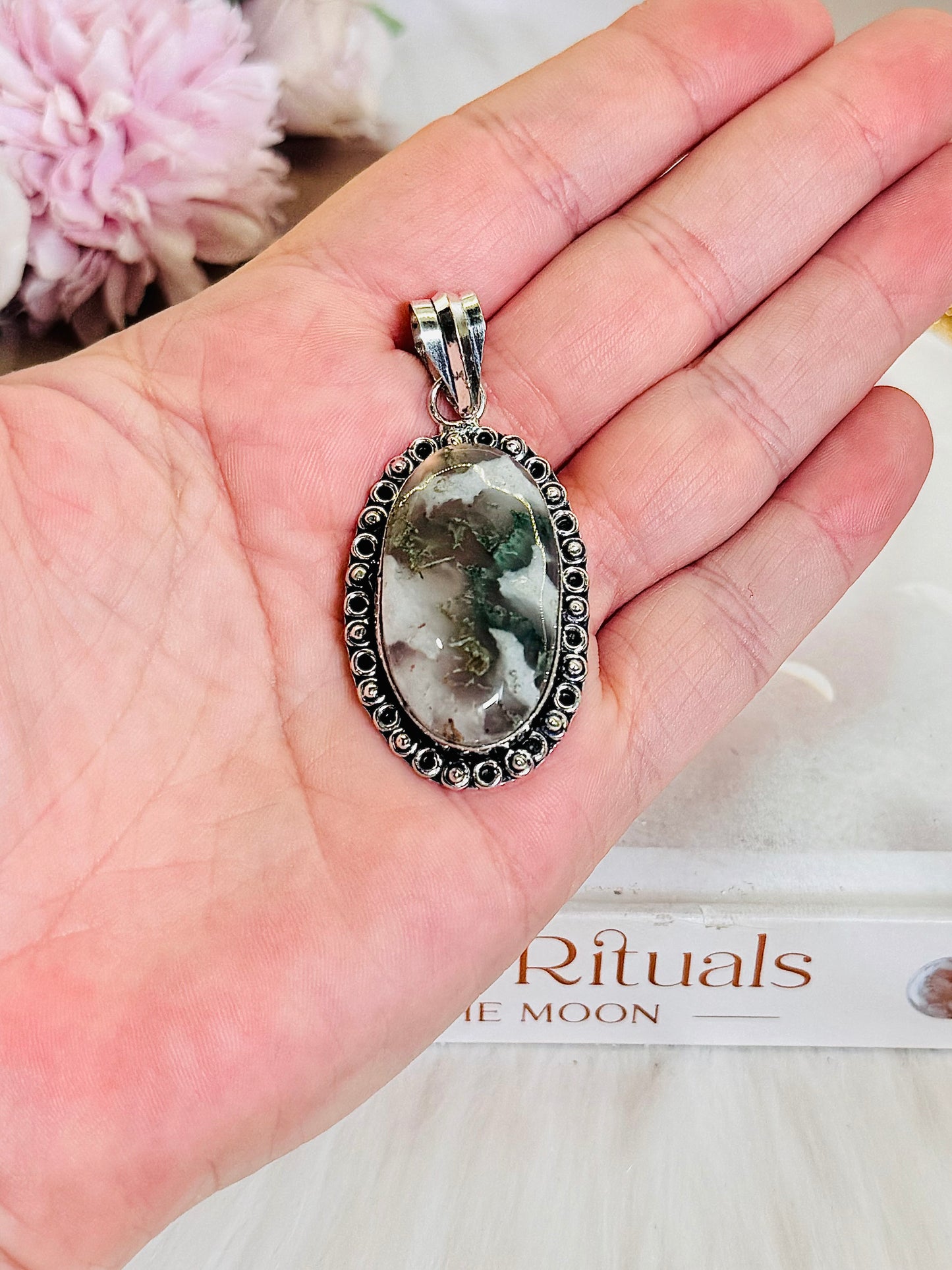 Beautiful Natural Moss Agate Pendant in Gift Bag