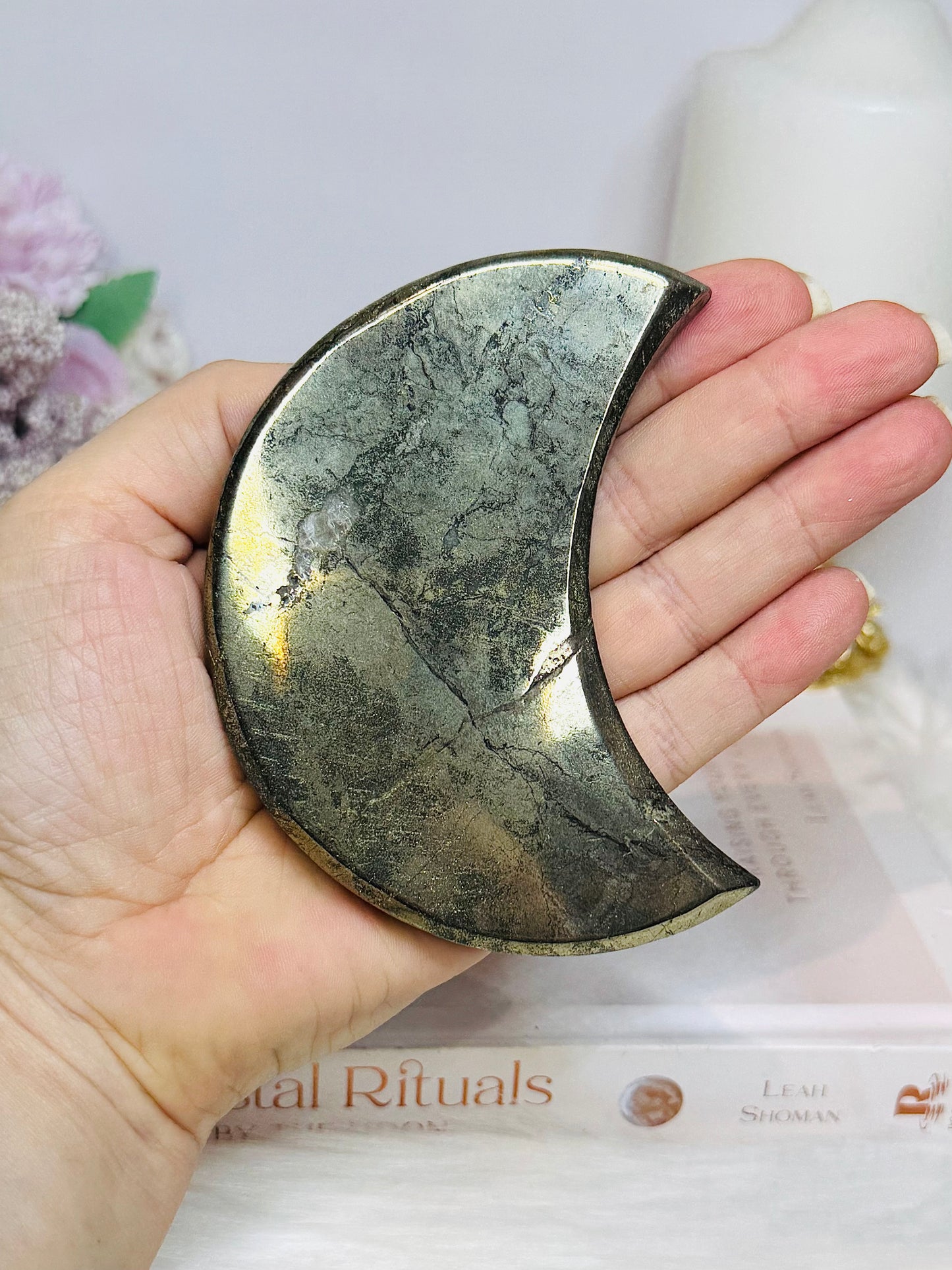 Large Pyrite Carved Moon on Stand 10cm