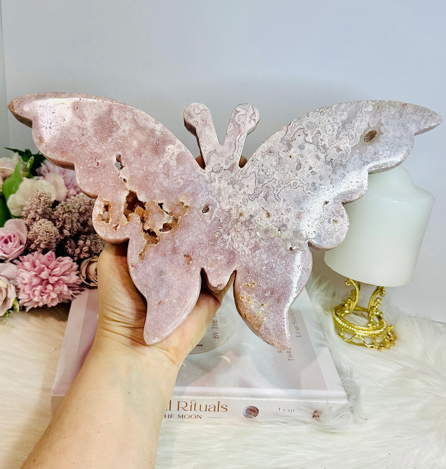 Huge Pink Amethyst Chunky Druzy Butterfly Carving On Stand 29cm Wide x 20cm Tall 1.3KG