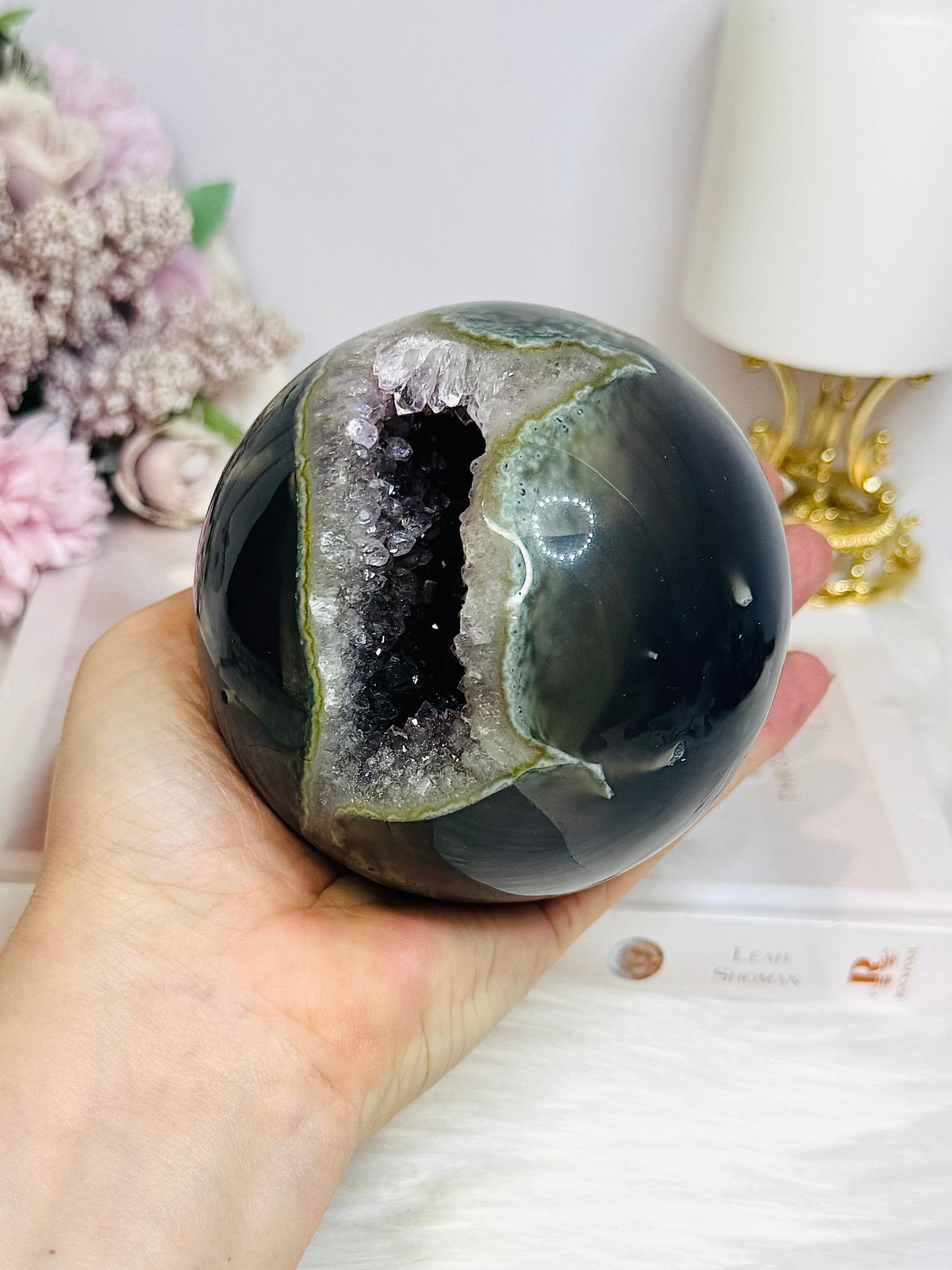 High Grade Huge Amethyst Druzy Agate Sphere on Stand 934g
