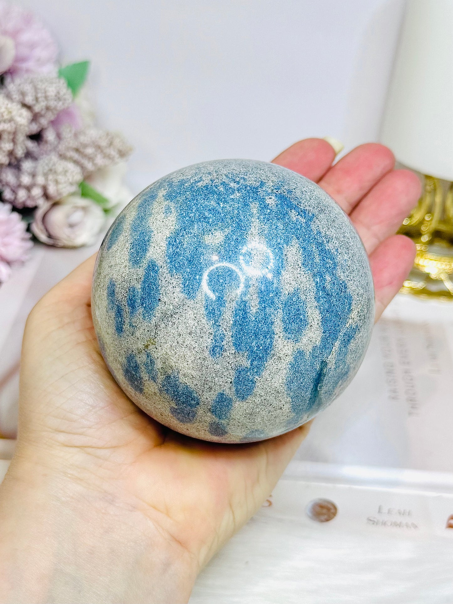 Large K2 Granite with Azurite Sphere On Stand 770g