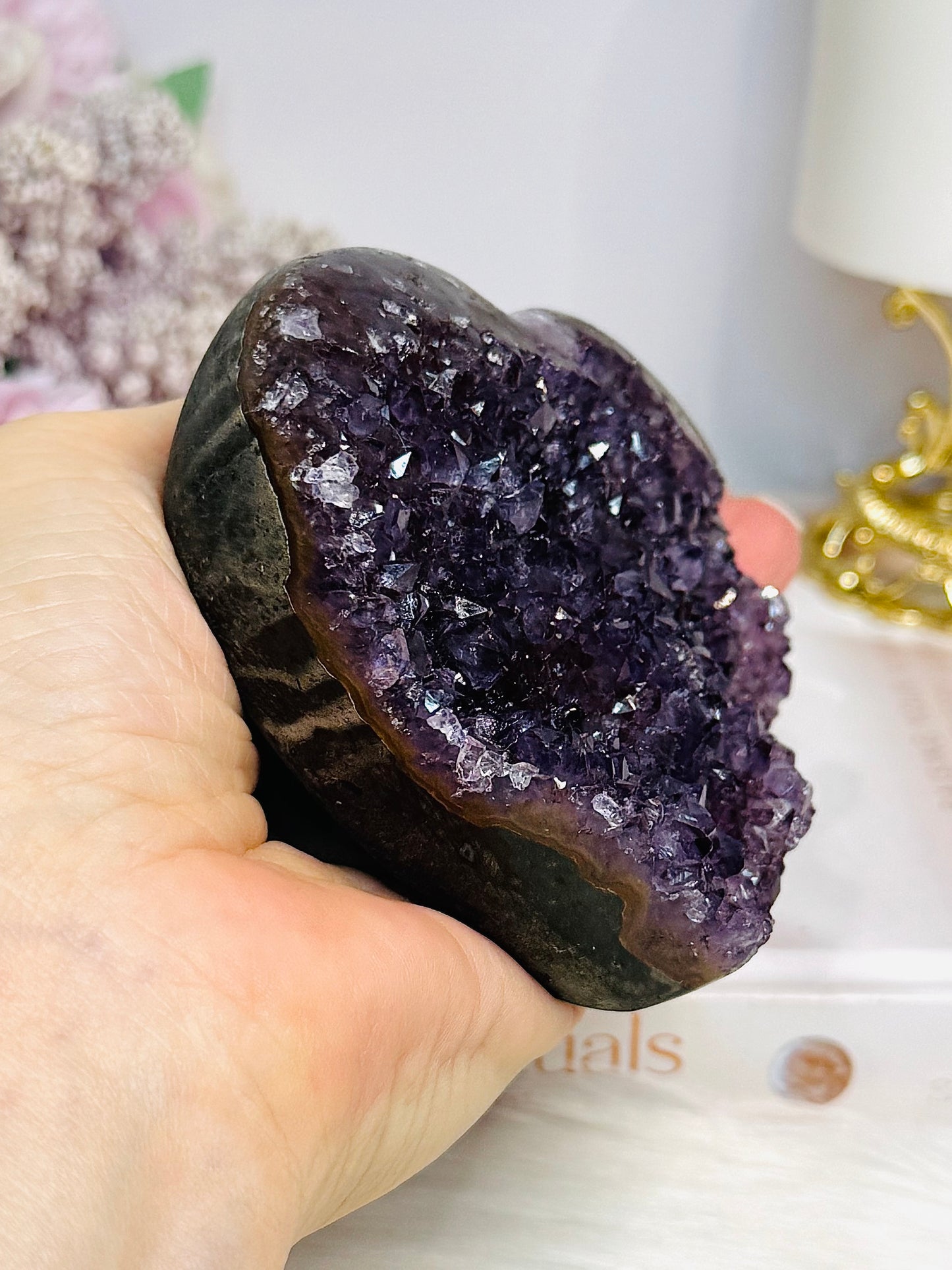 Large High Grade Amethyst Cluster Heart on Stand 414g