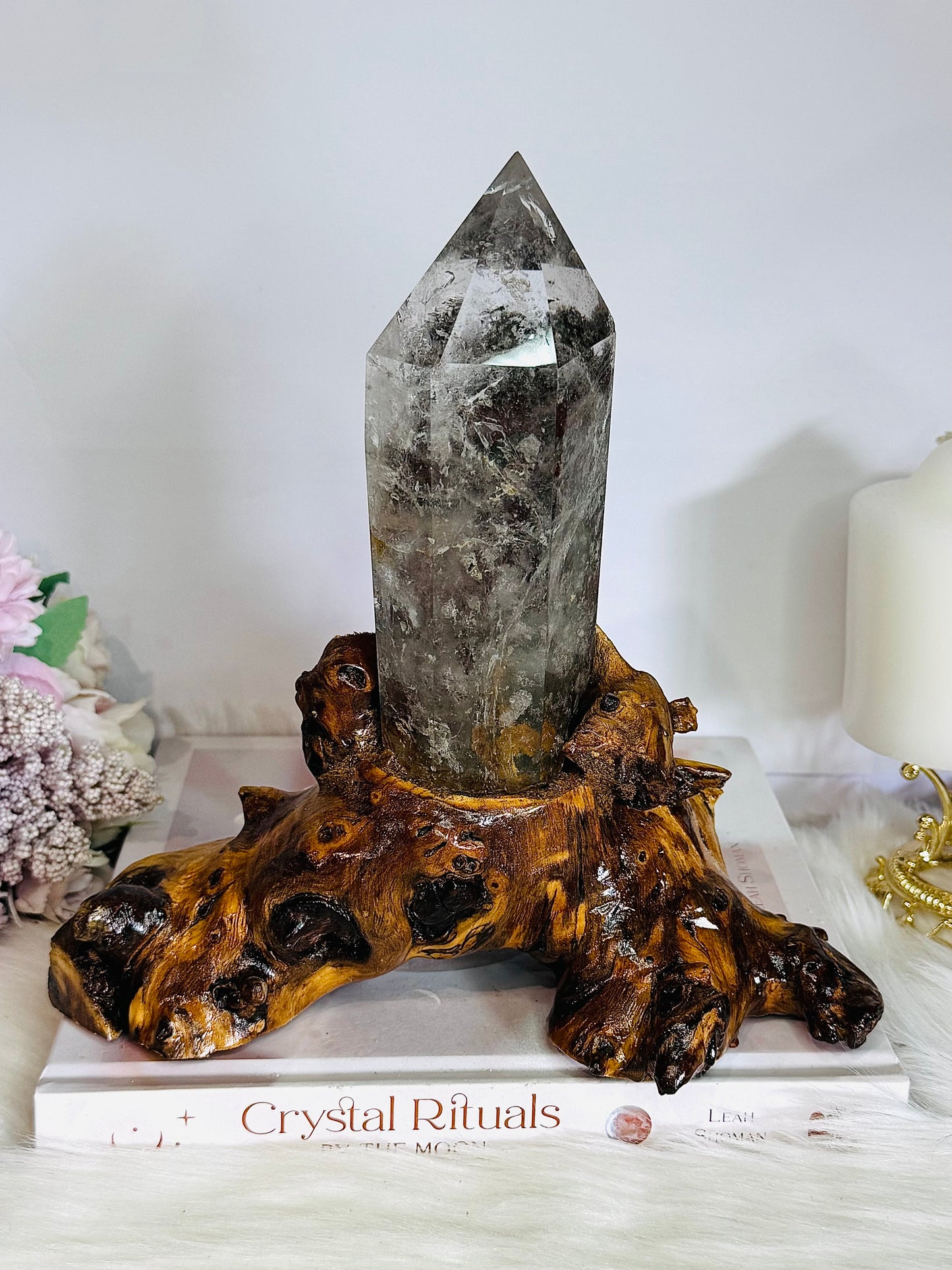 Stunning Large High Grade Garden Quartz | Lodolite Tower on Timber Base 1.02KG 21cm