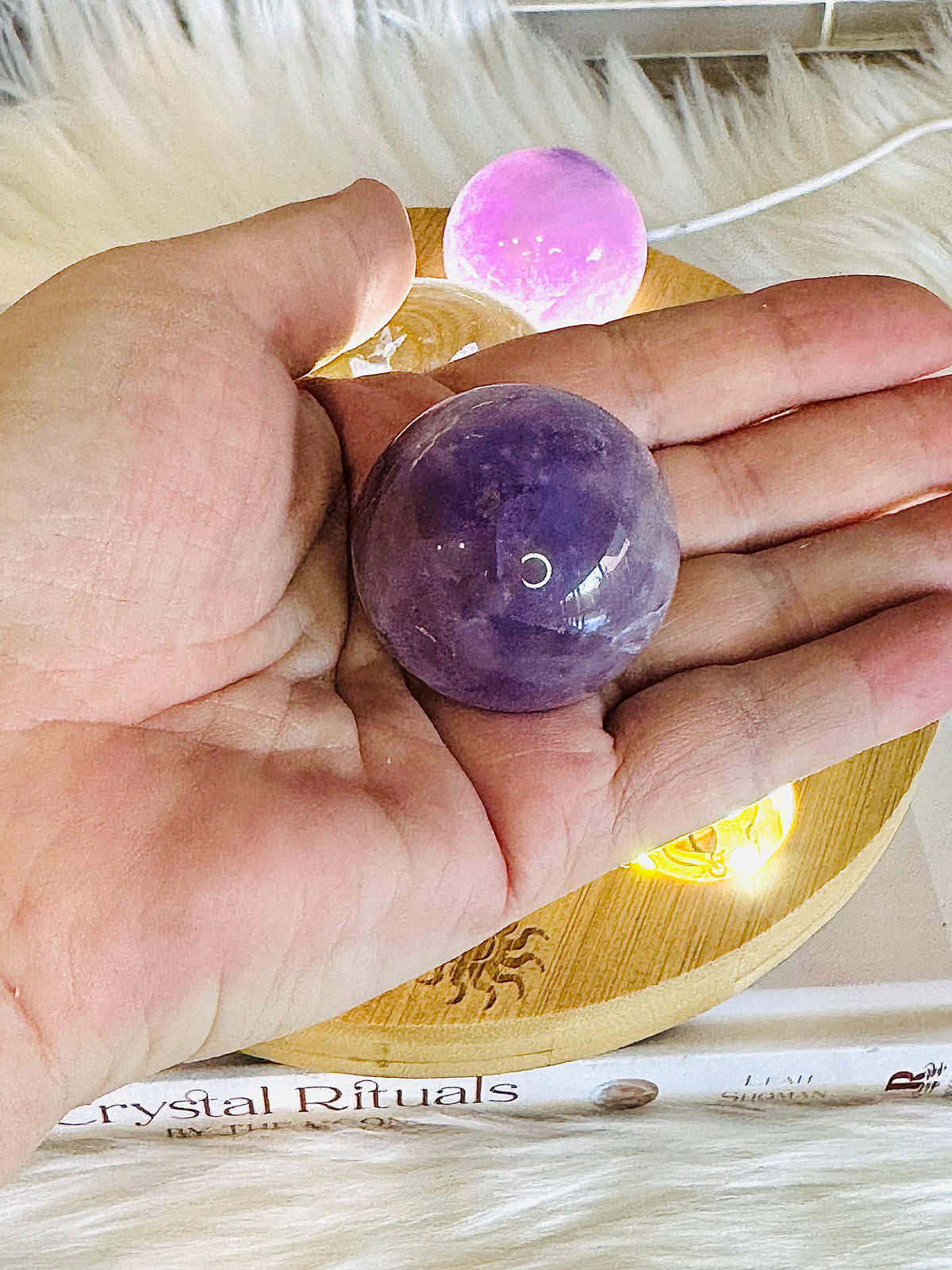 Feminine Energy ~ Large Light Stand 20cm with Glass Fairy Sphere, 3 Amethyst Spheres, Rose Quartz Sphere & 2 Pink Amethyst Spheres