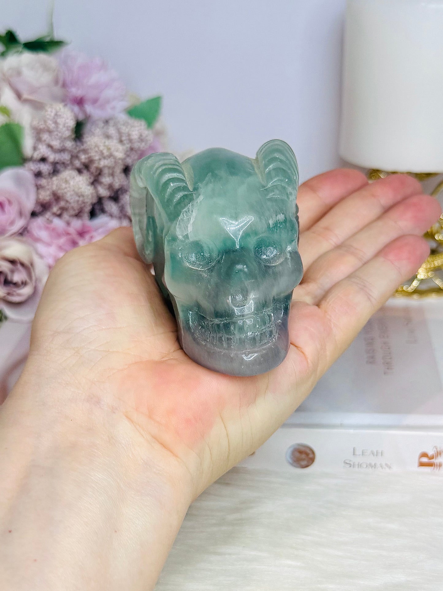 Fluorite Skull with Ram Horns 7.5cm 415g