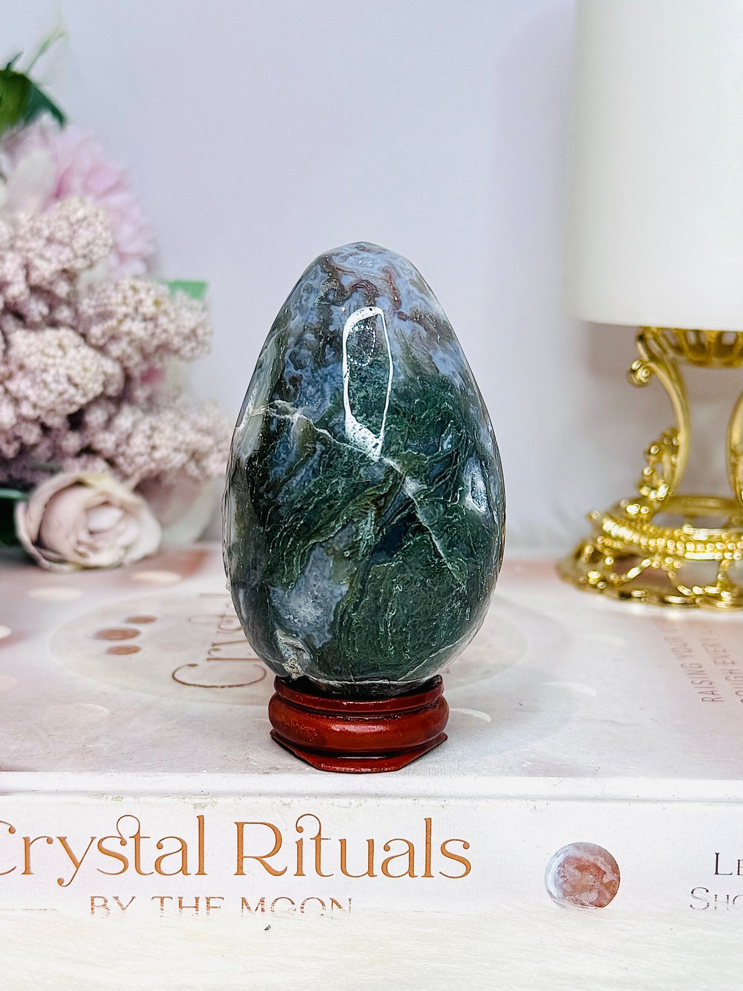 Druzy Moss Agate Carved Egg On Stand 206g