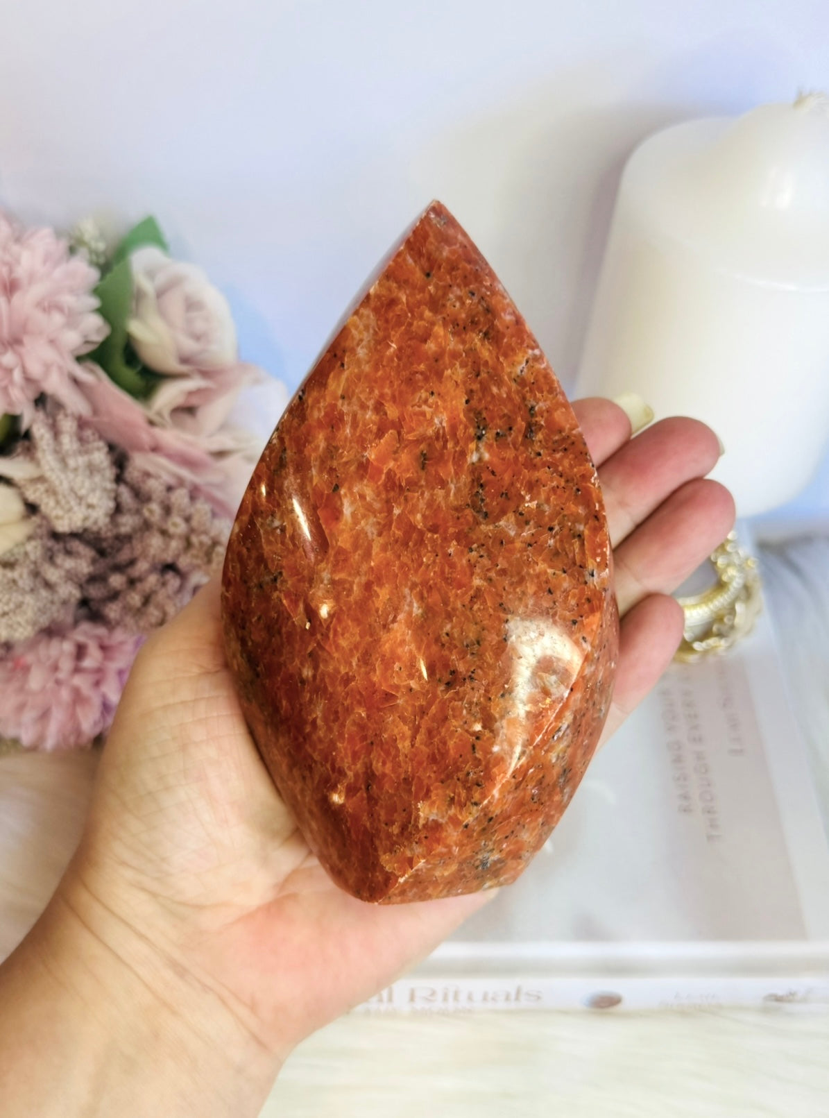 Incredible Large Chunky 14cm Sunstone Carved Flame | Freeform