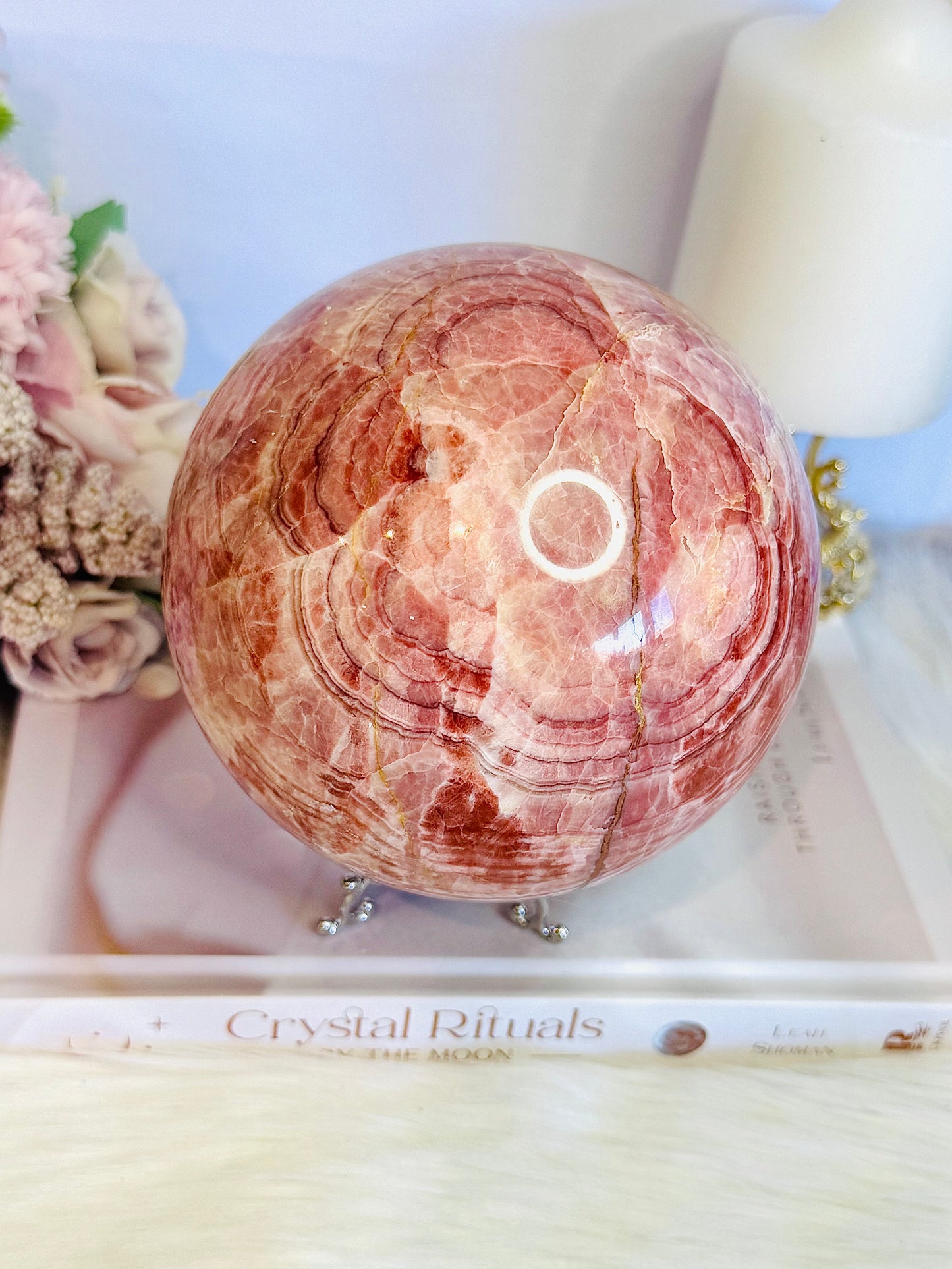 Huge 2.3KG Red Banded Calcite | Pork Stone Sphere On Stand